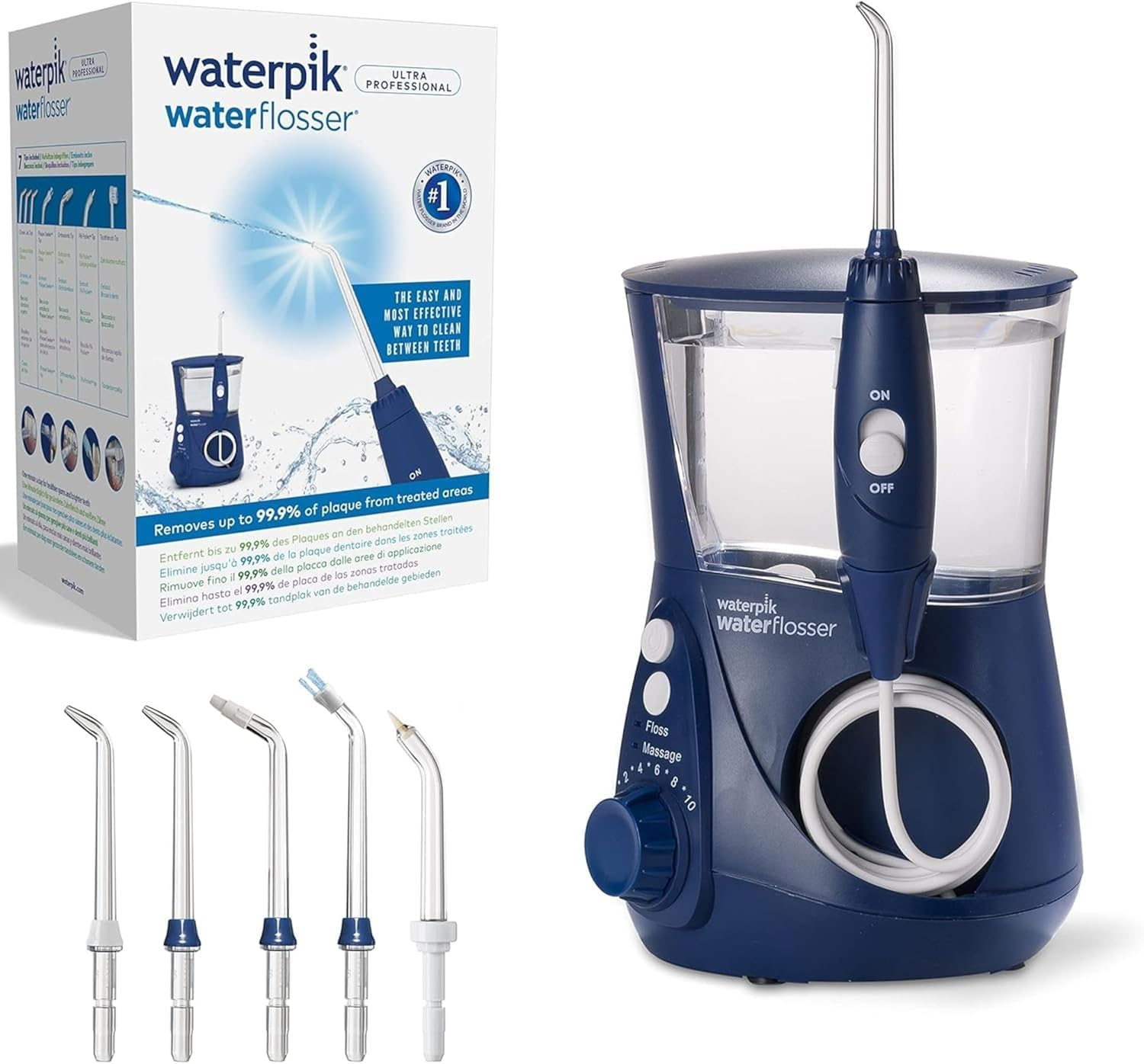Niebieski Waterpik Waterflosser z akcesoriami i opakowaniem, usuwający płytkę nazębną.