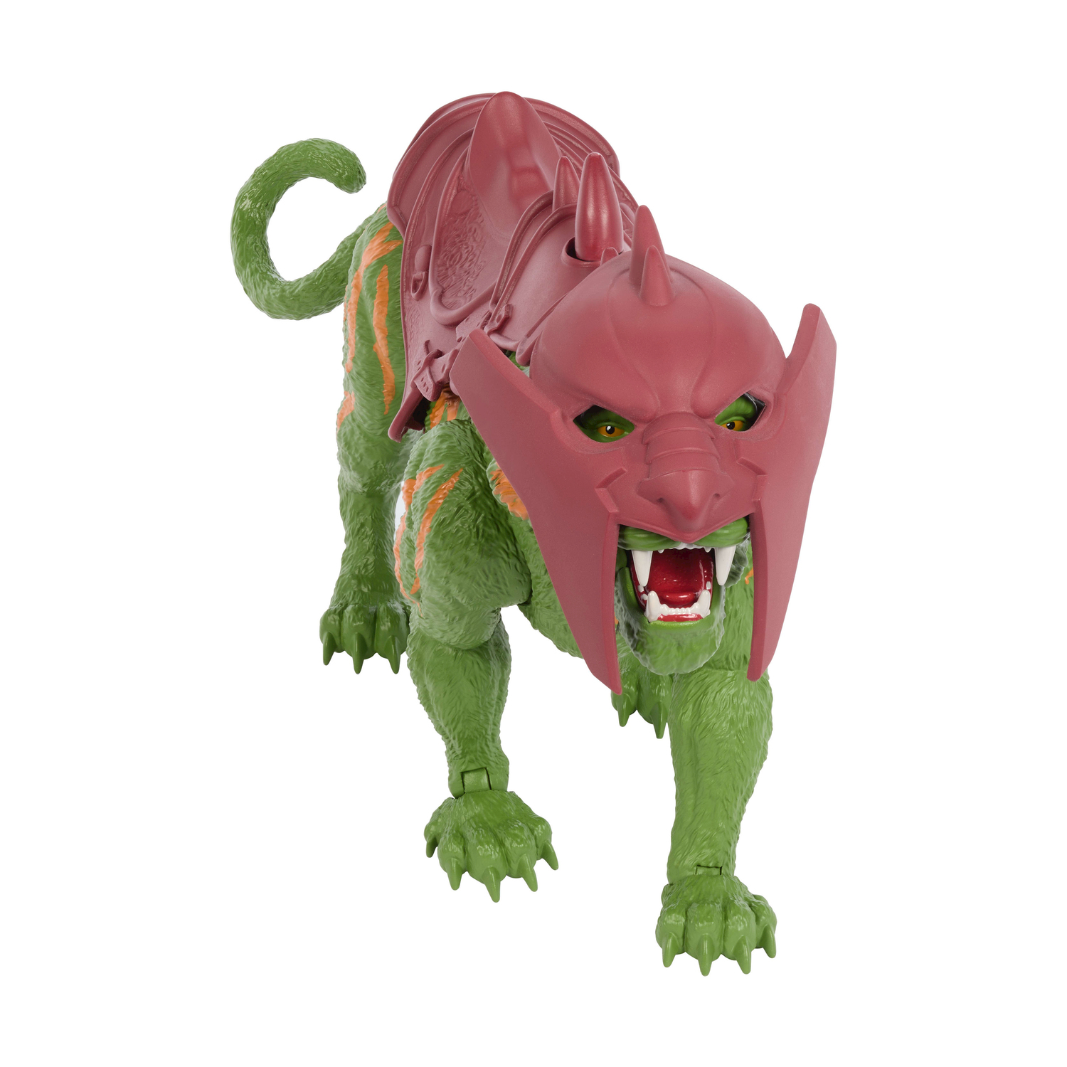 Giocattolo tigre verde corazzato con maschera rossa e strisce arancioni.
