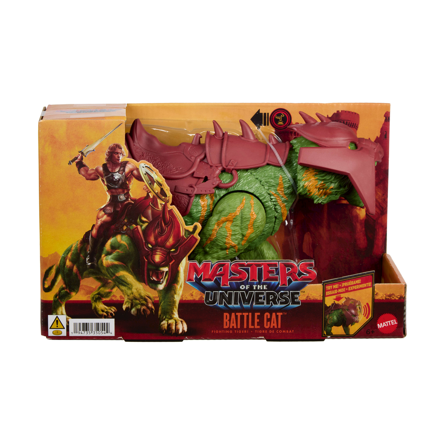Giocattolo Battle Cat di Masters of the Universe nella confezione. He-Man cavalca il gatto verde a strisce arancioni con armatura rossa.