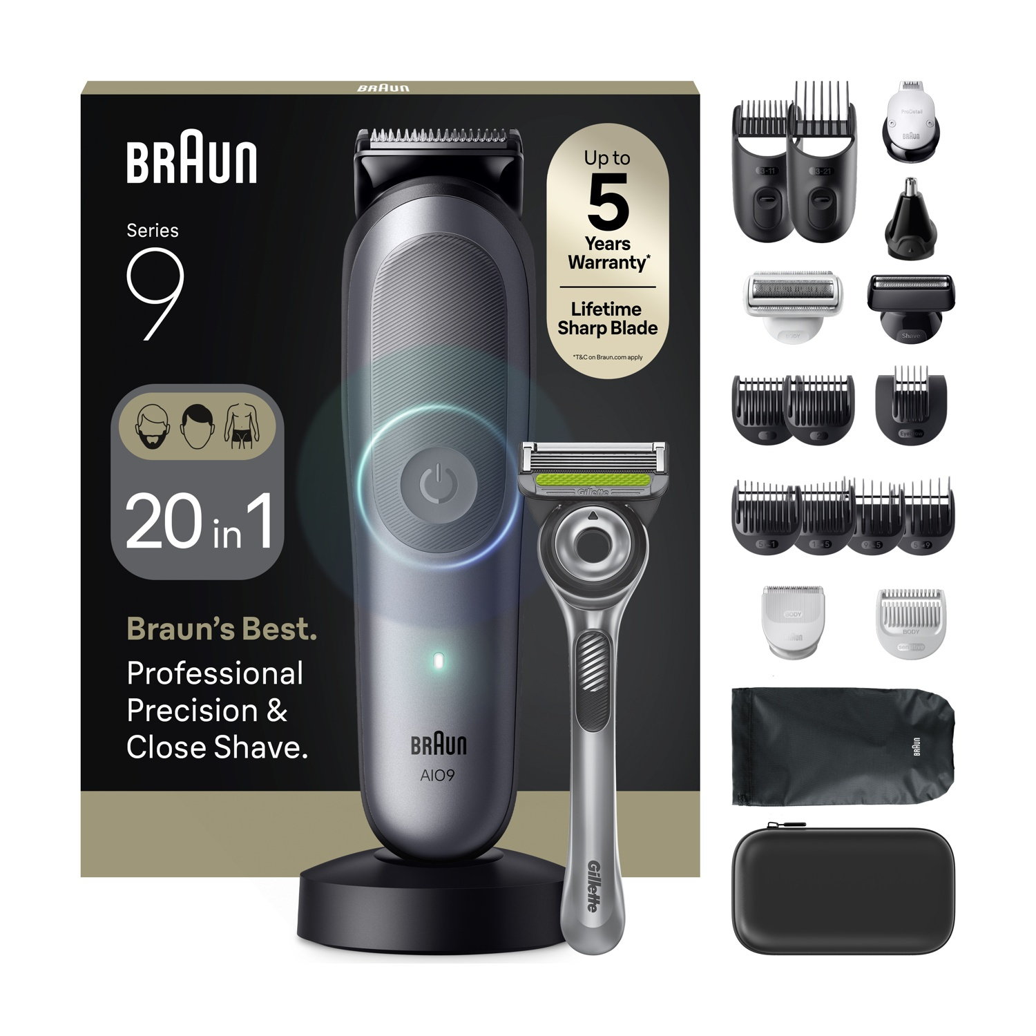 Rasoio Braun Serie 9 con accessori: pettini, testina, rifinitore, rasoio Gillette, sacchetto, custodia.