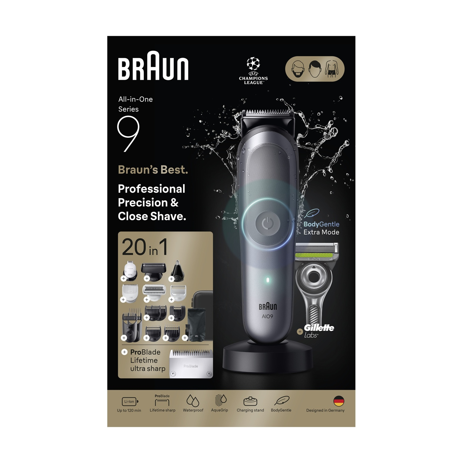 Tagliacapelli Braun Serie 9 all-in-one con 20 accessori, rasoio Gillette Labs, base di ricarica.