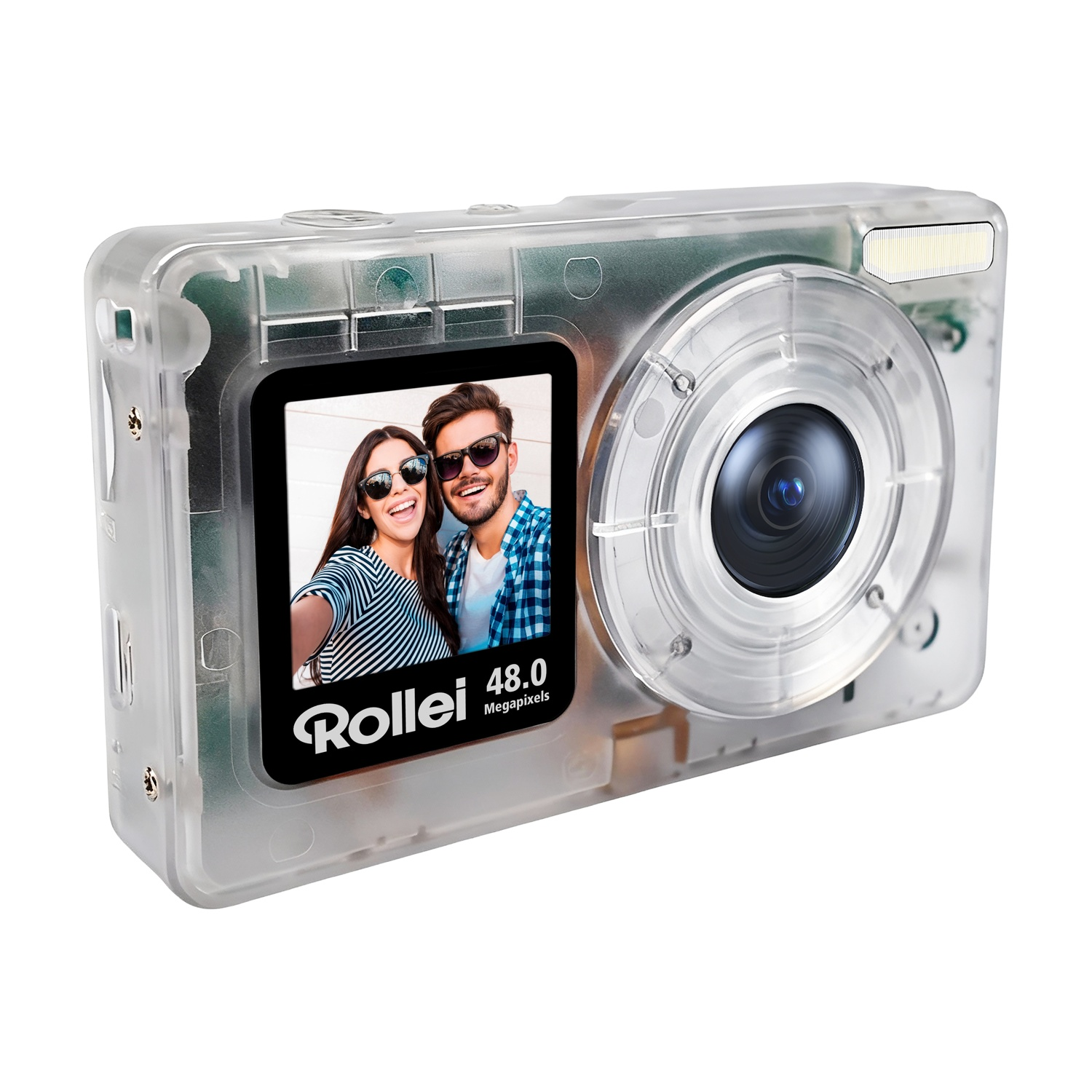 Fotocamera Rollei trasparente con anteprima selfie e flash.