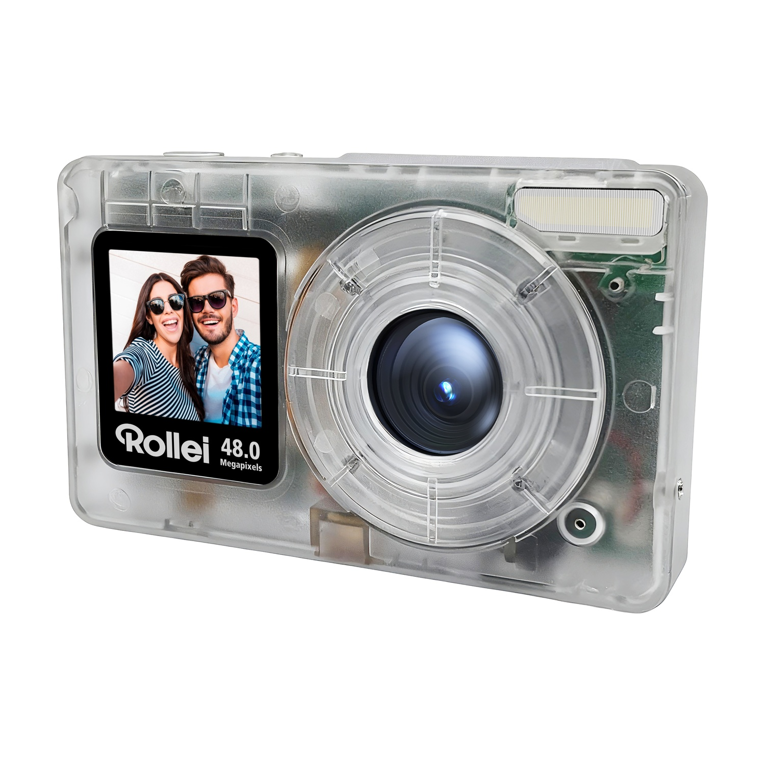 Fotocamera digitale trasparente con obiettivo, flash e selfie di una coppia.
