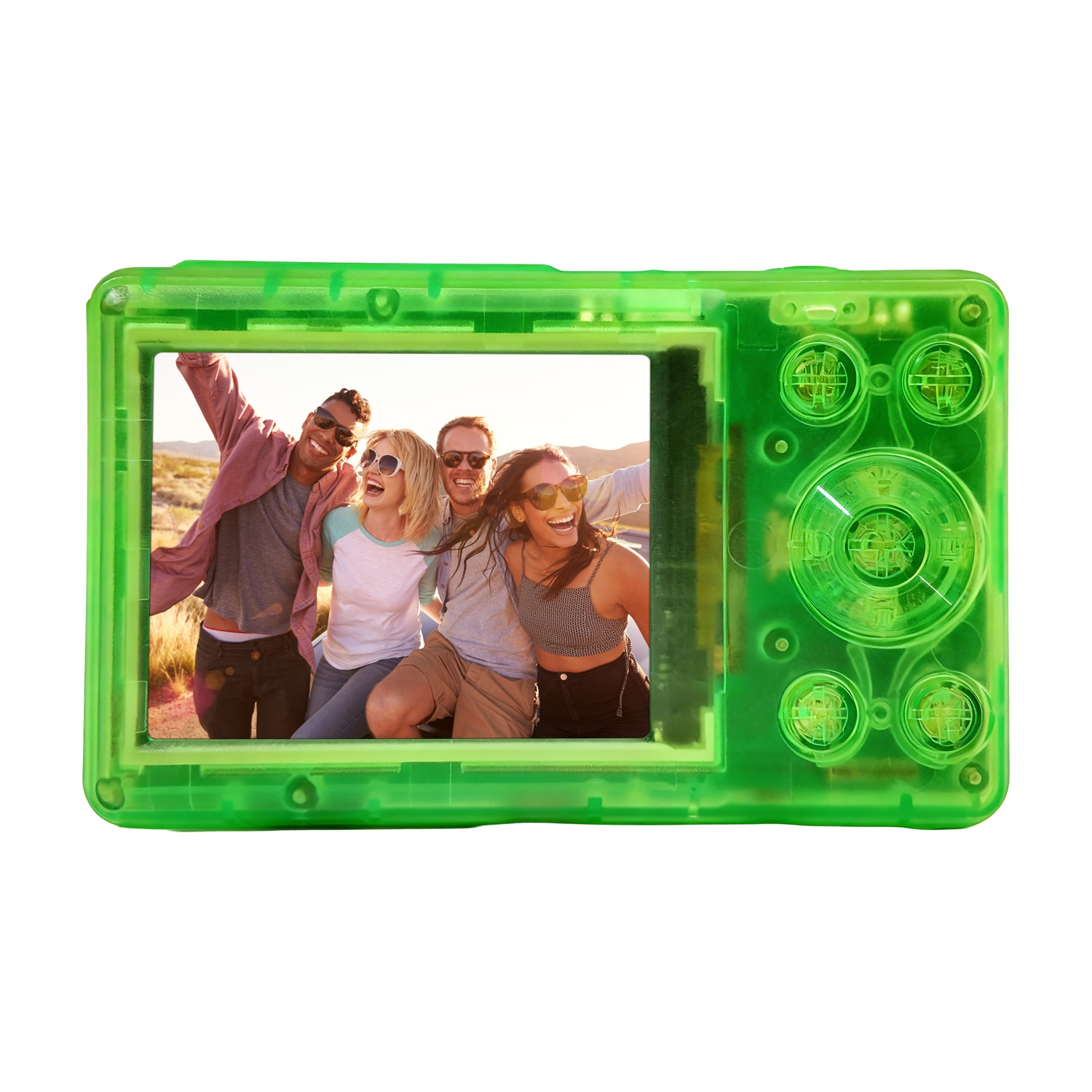 Quattro amici che ridono fotografati in un dispositivo verde trasparente.