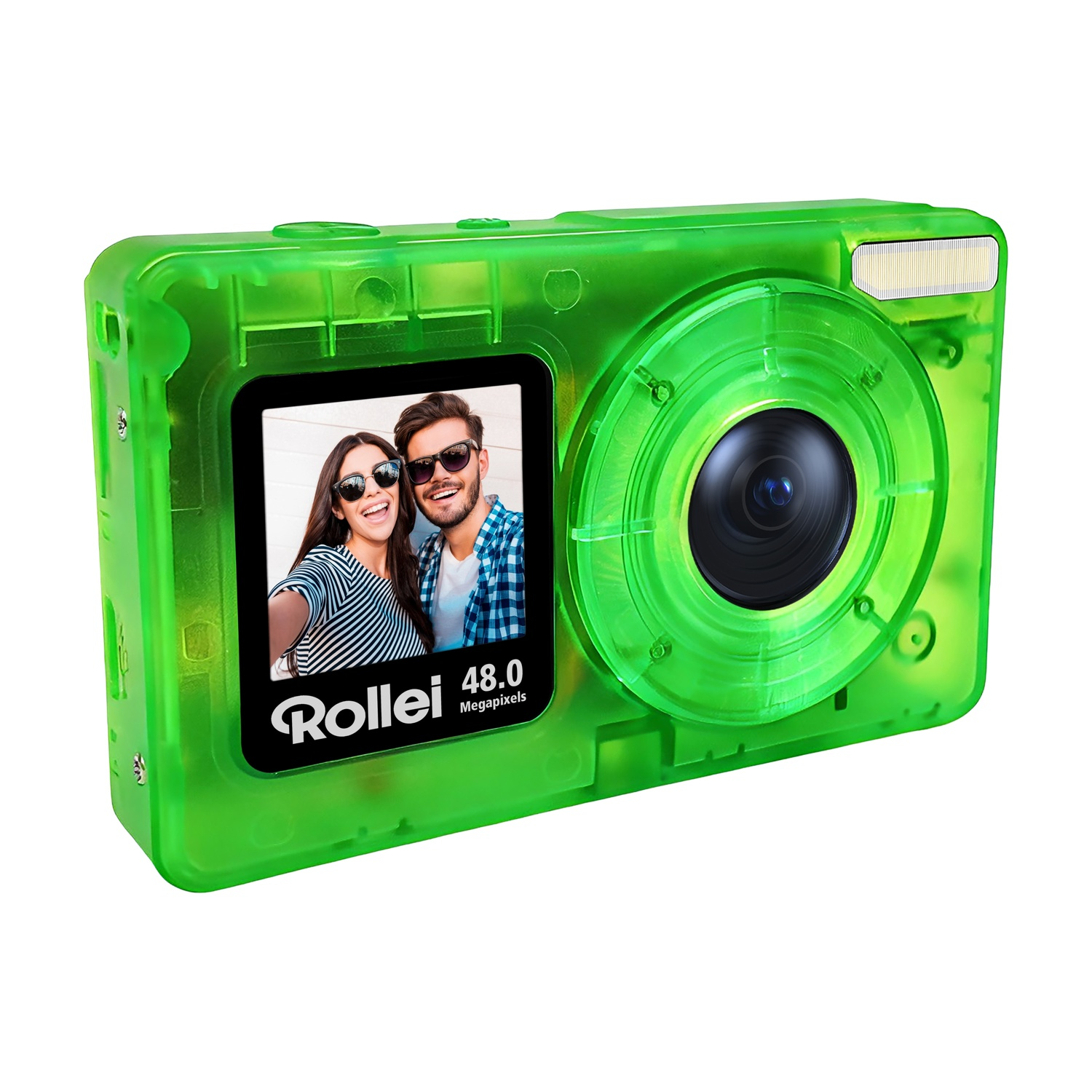 Una fotocamera digitale verde brillante mostra un selfie di una coppia sorridente sul suo schermo. Flash in alto.