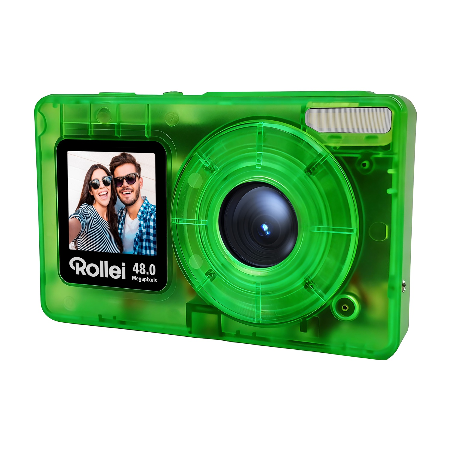 Fotocamera verde traslucida con schermo selfie e obiettivo.