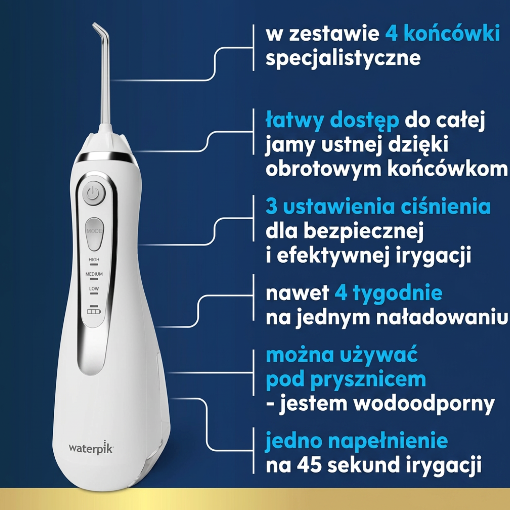 Biała irygator Waterpik z 3 ustawieniami ciśnienia i 4 końcówkami.