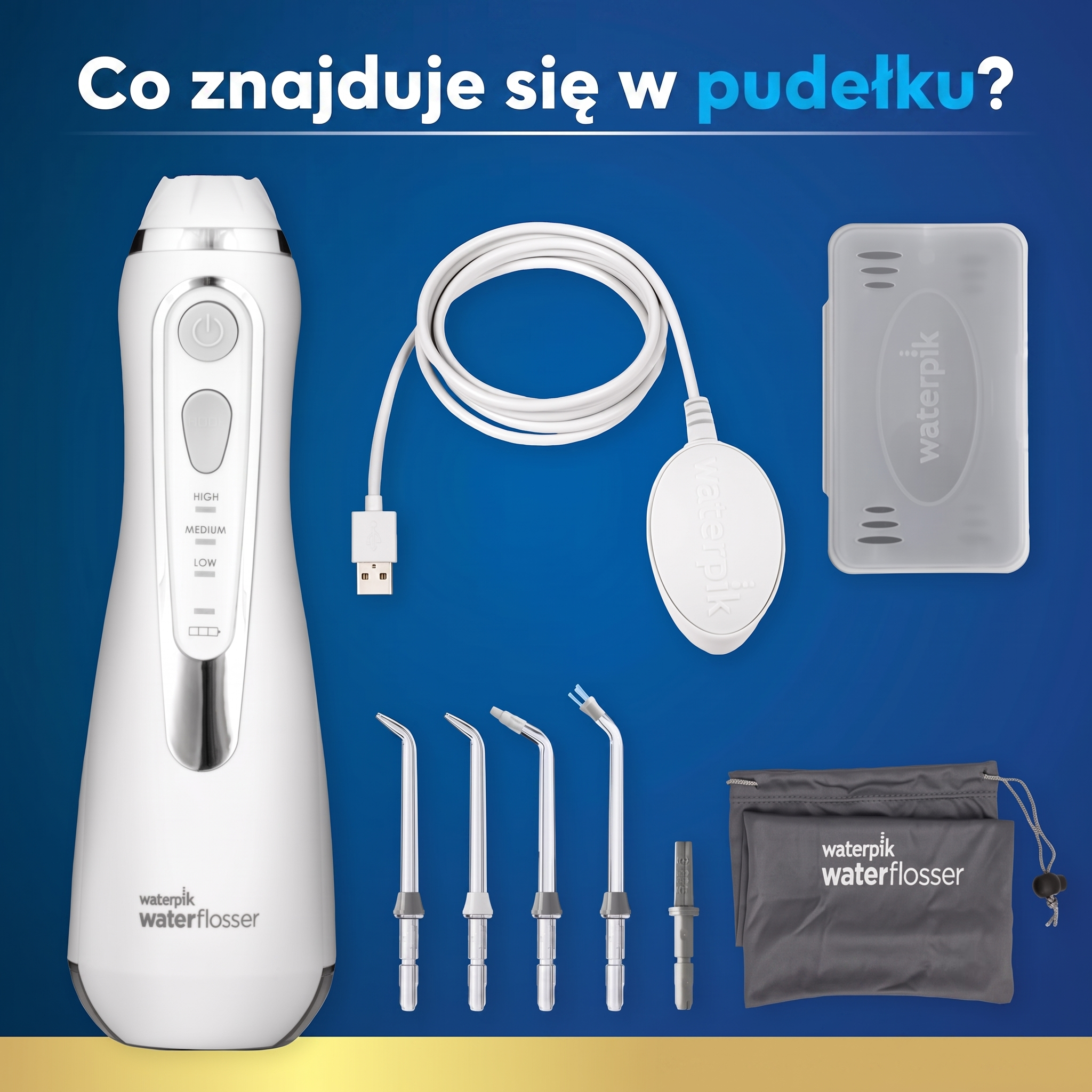 Waterpik irygator z akcesoriami: urządzenie, kabel, końcówki i etui.