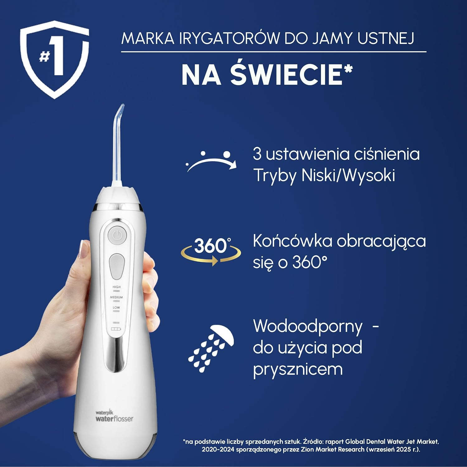 Biały irygator trzymany przez dłoń. Tekst podkreśla 3 poziomy ciśnienia, obrotową końcówkę 360°, wodoodporność.