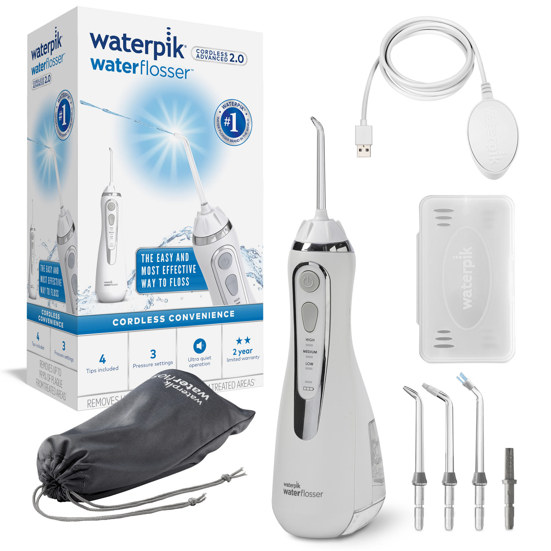 Zestaw irygatora Waterpik z opakowaniem, słuchawką, ładowarką i końcówkami.