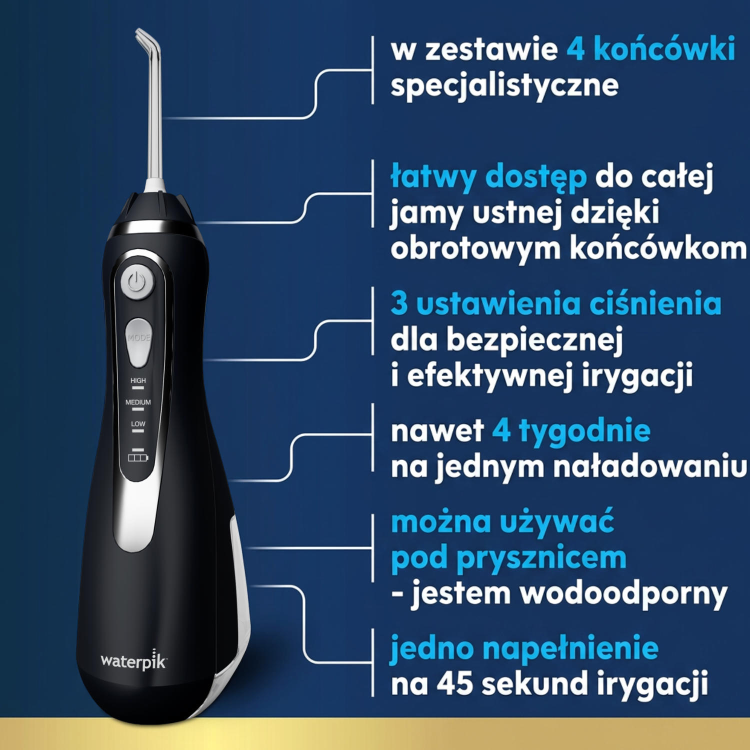 Czarna irygator wodny Waterpik z akcesoriami i funkcjami.