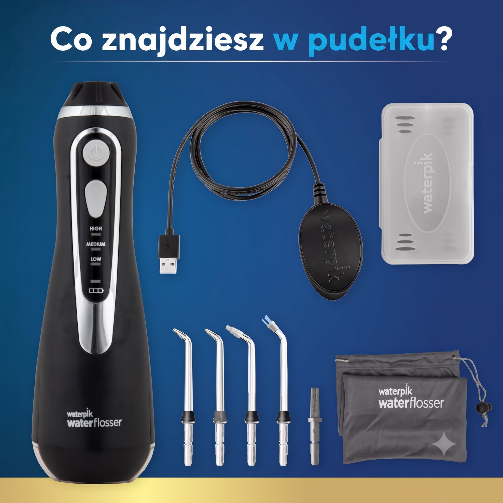 Zestaw irygatora Waterpik z kablem USB, końcówkami i woreczkiem.