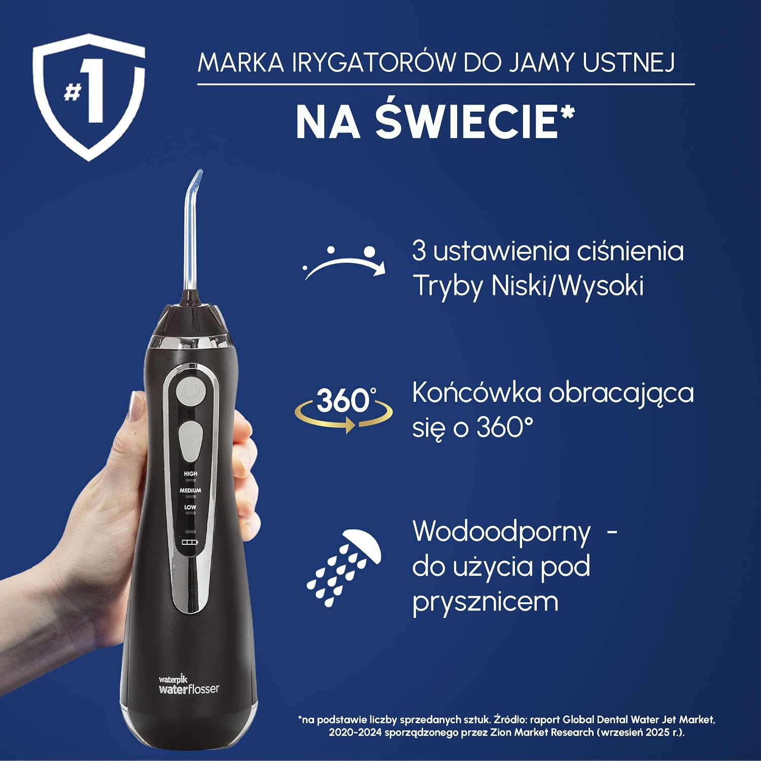 Czarny uchwyt irygatora z dyszą, 3 poziomy ciśnienia, obrót 360°, wodoodporny.