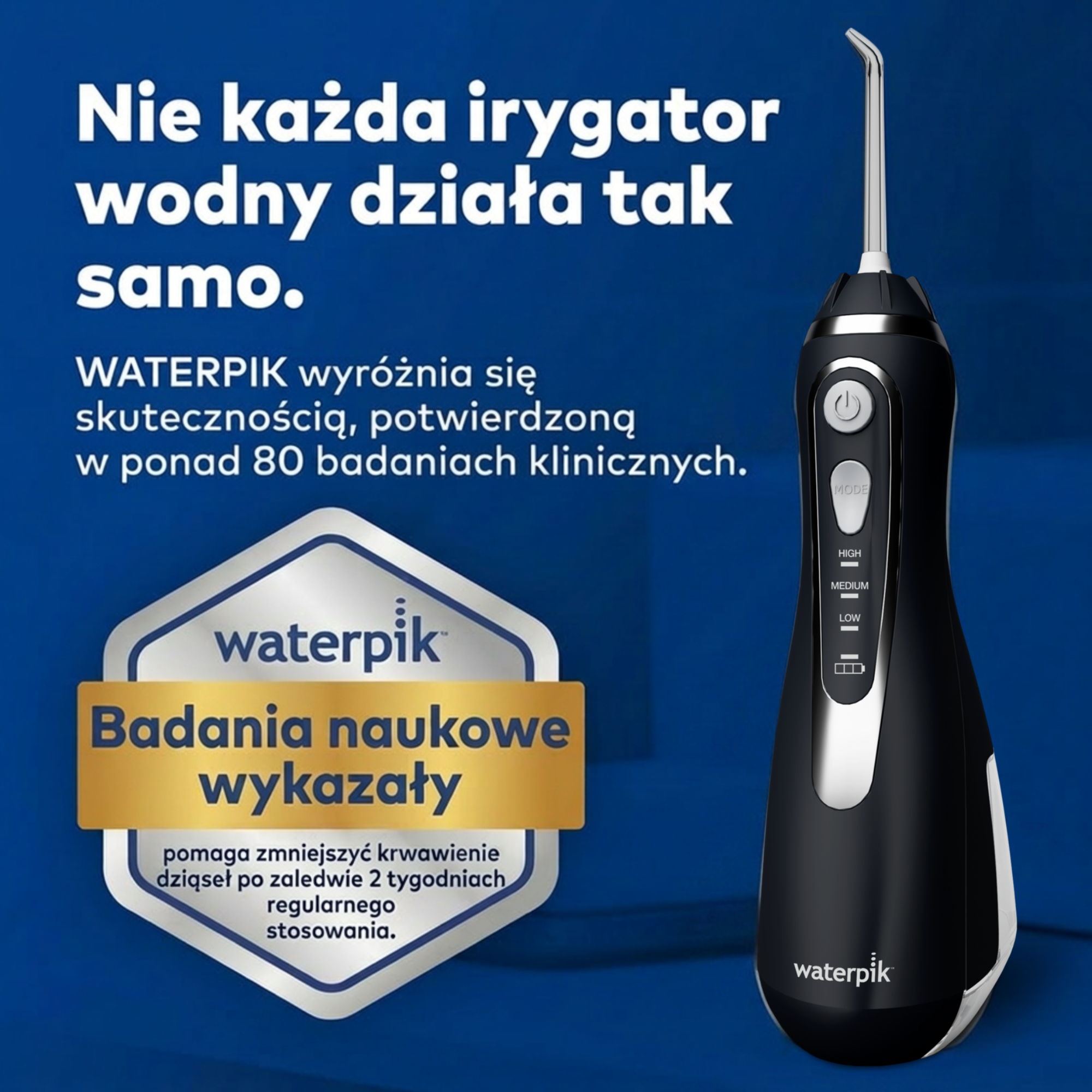 Czarna irygator wodny Waterpik ze srebrnymi akcentami i przyciskami.