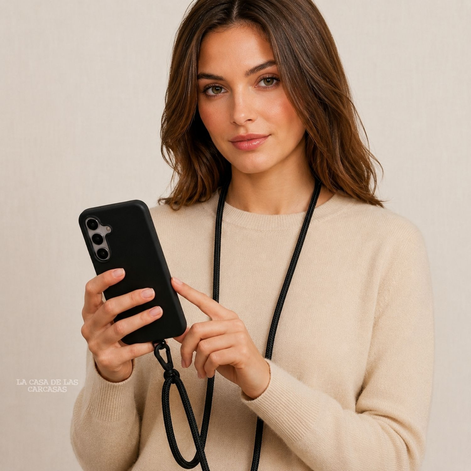 Una donna con i capelli castani tiene uno smartphone nero con un laccio.