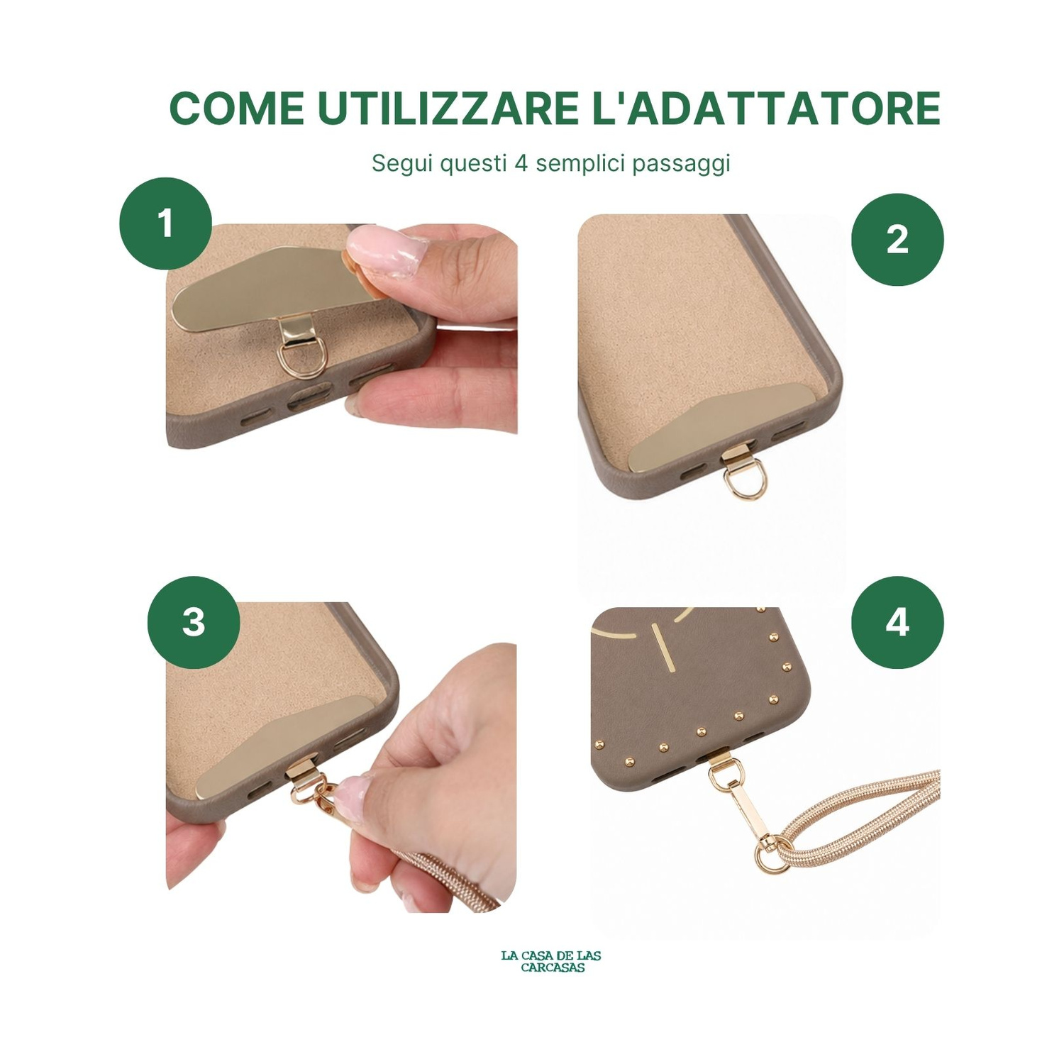Istruzioni: Cover per telefono con adattatore per laccetto. Passaggi 1-4.