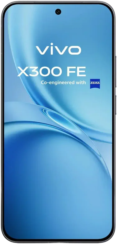 Vivo X300 FE okostelefon Zeiss együttműködéssel, kék háttéren.