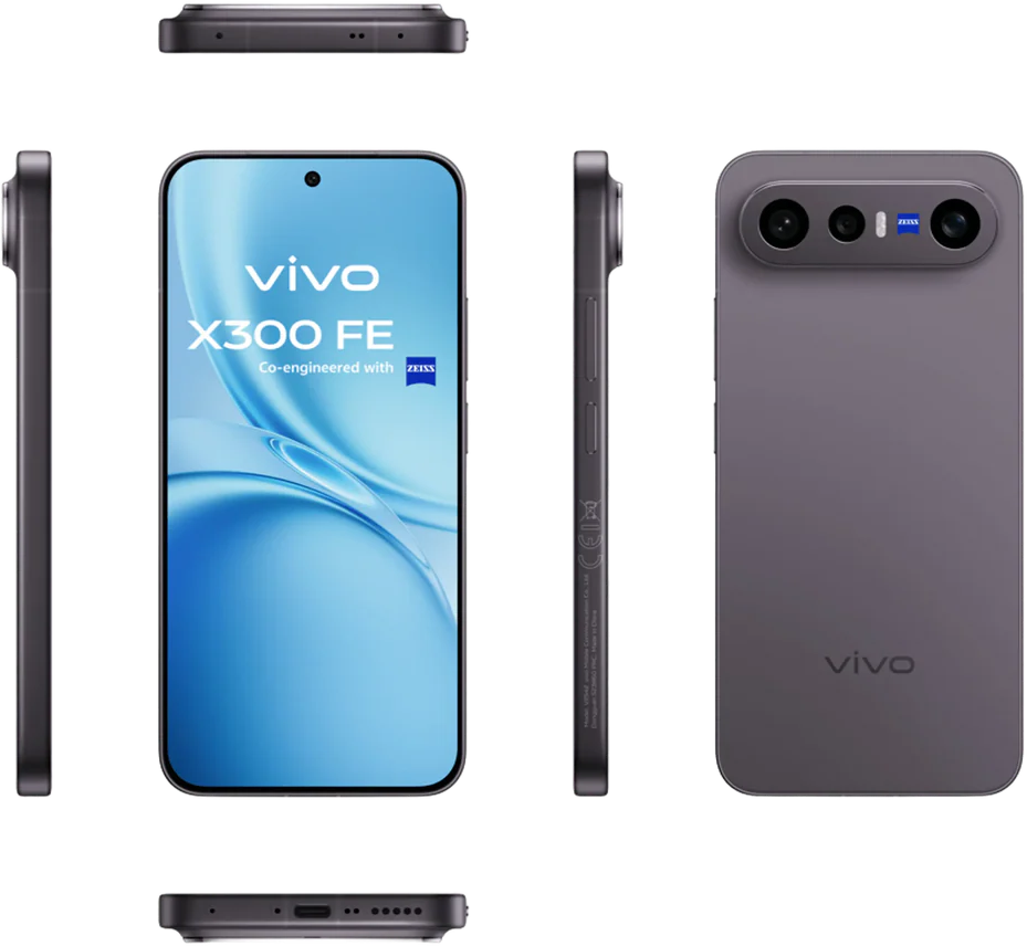 Sötét Vivo X300 FE okostelefon három nézete Zeiss kamerákkal.