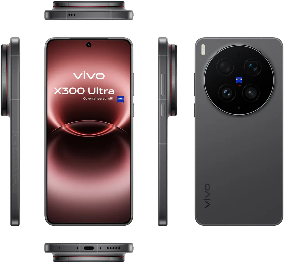 Szürke Vivo X300 Ultra okostelefon Zeiss kamerával, elölnézet és oldalnézet.