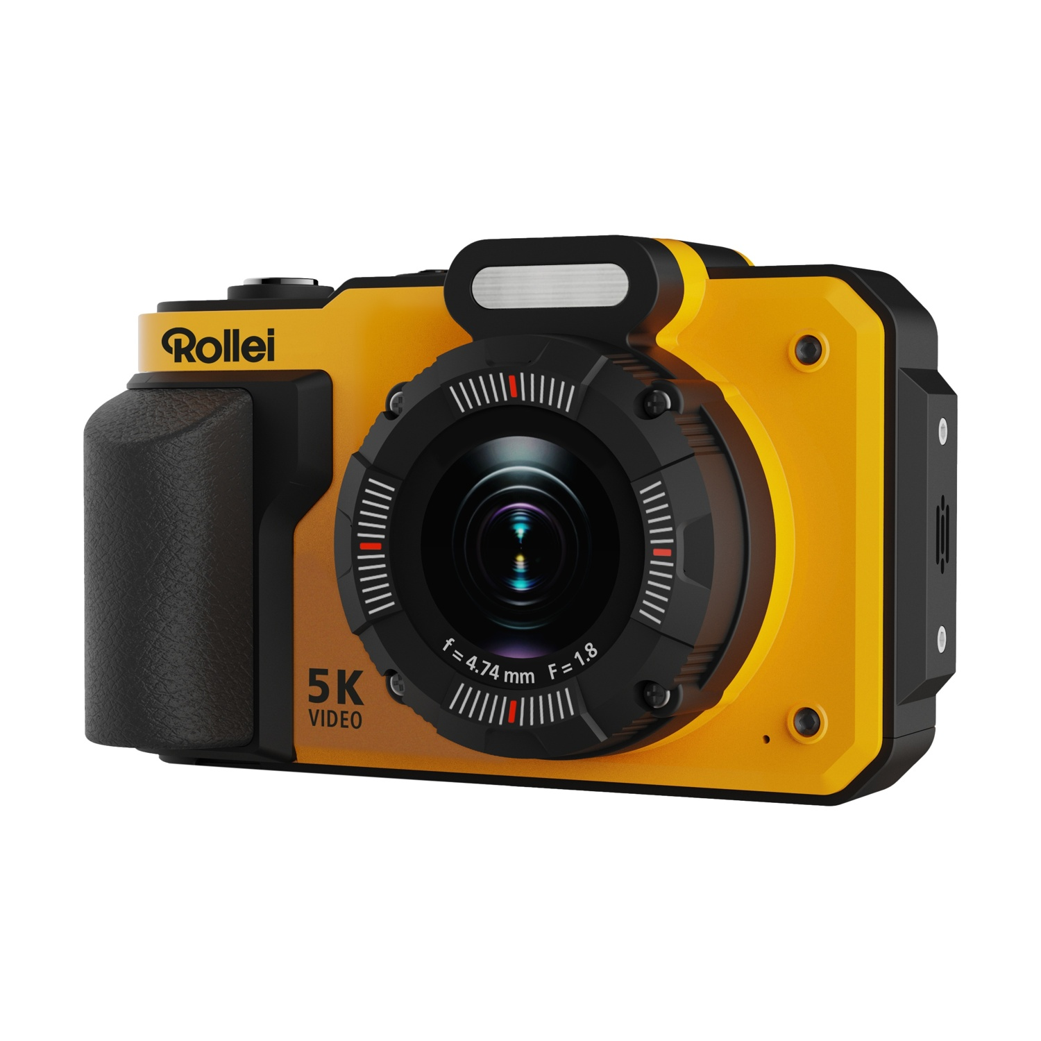 Una action camera Rollei gialla con impugnatura e obiettivo neri.