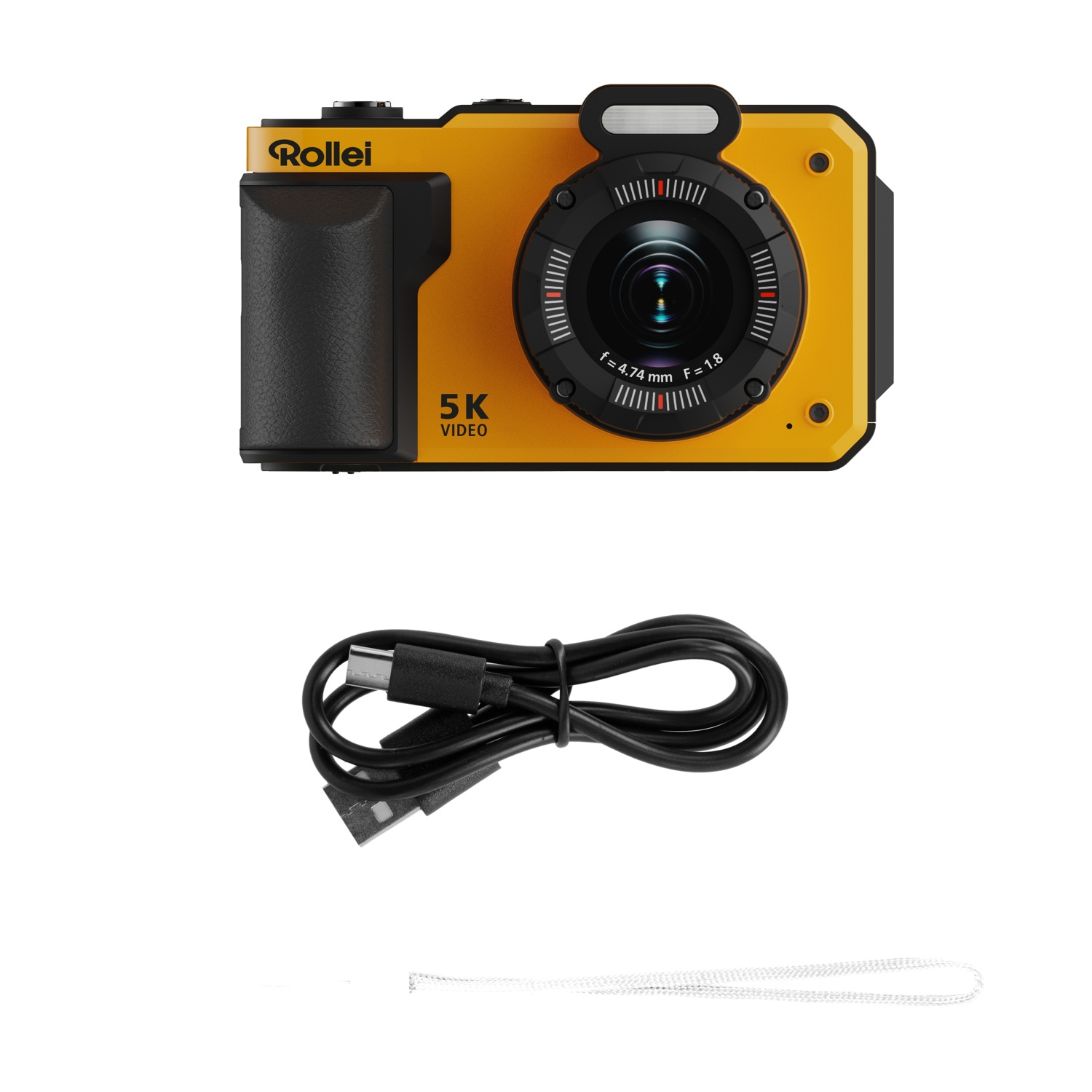 Una videocamera Rollei 5K gialla con impugnatura e cavo neri.