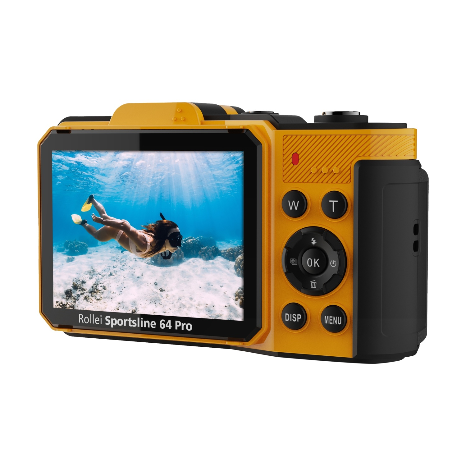 Fotocamera gialla mostra un subacqueo con boccaglio sott'acqua. Rollei Sportsline 64 Pro.
