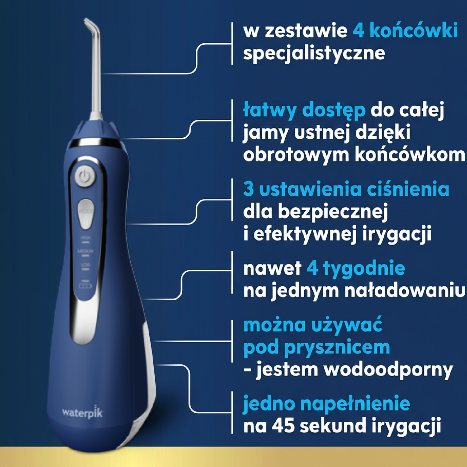 Ciemnoniebieska elektryczna irygator z srebrnymi detalami i dyszą.
