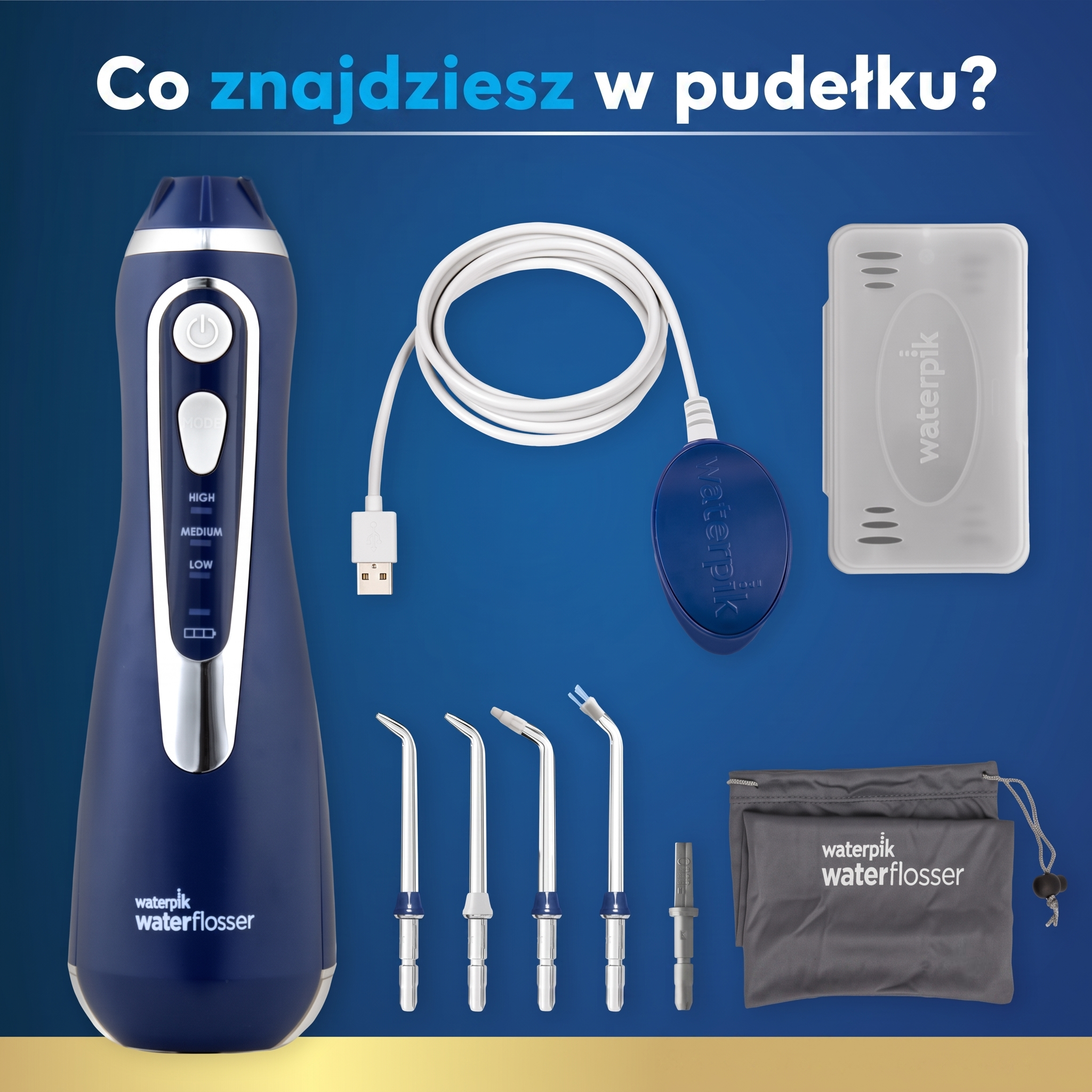 Niebieski irygator Waterpik z akcesoriami: dysze, kabel ładujący, etui.