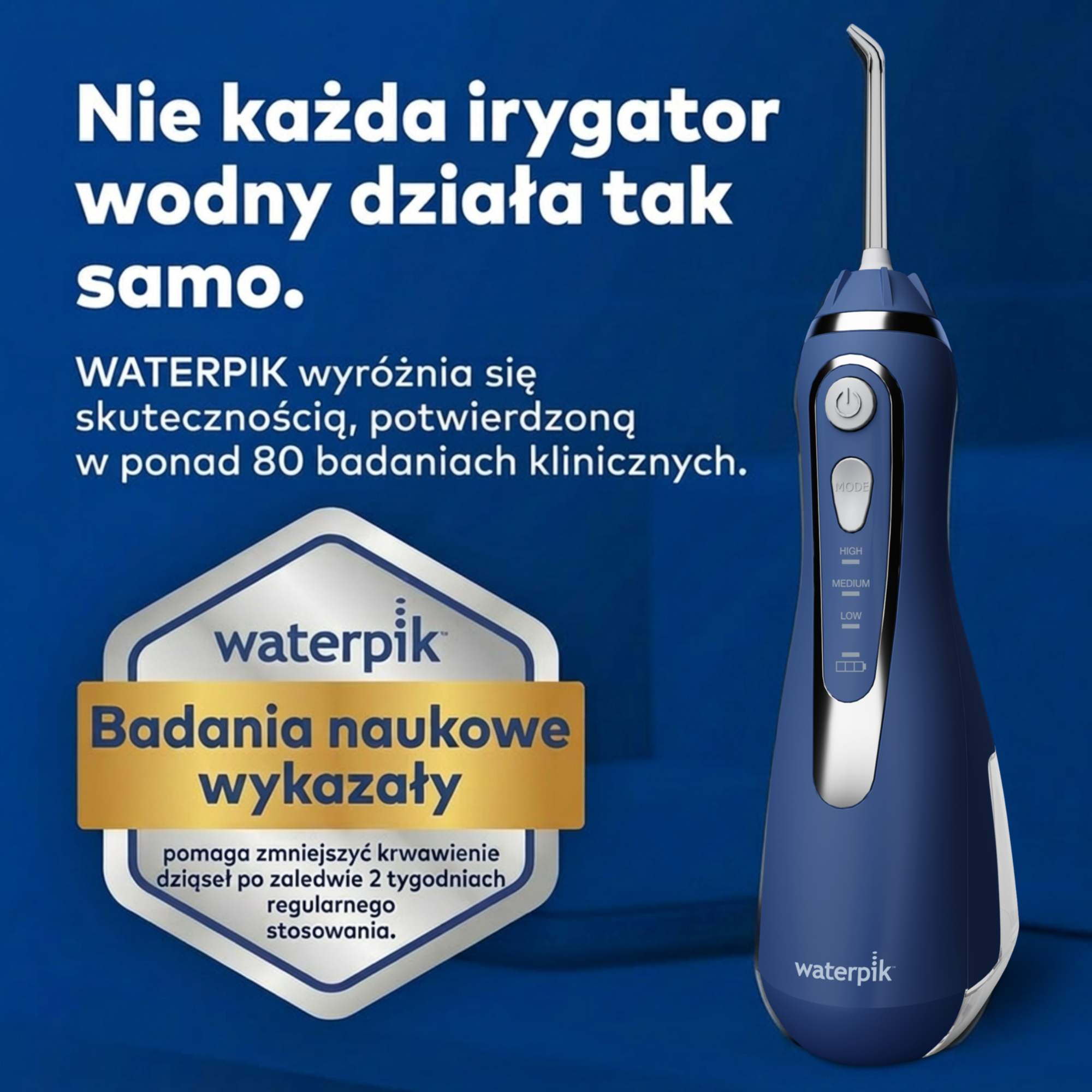 Niebieska irygator wodny Waterpik z srebrnymi akcentami i przyciskami sterującymi.