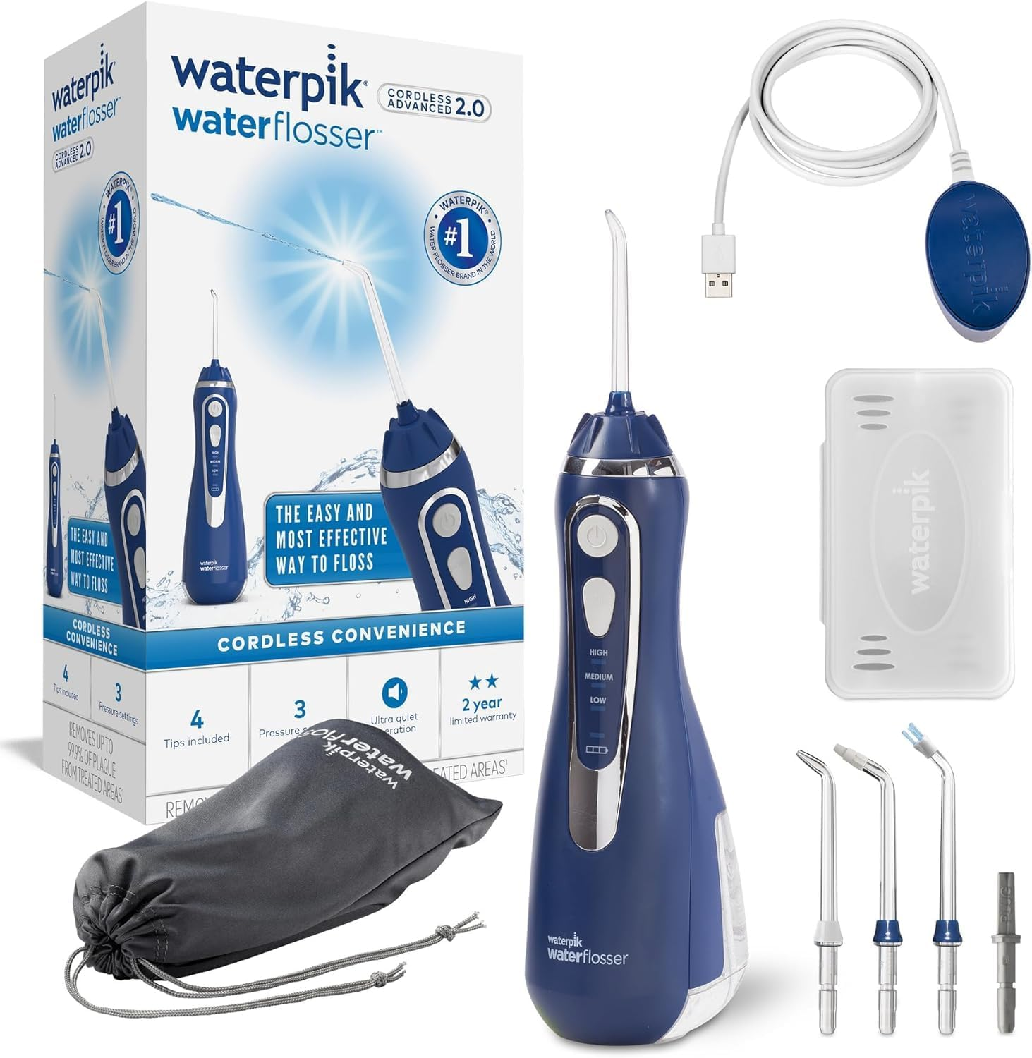 Niebieski Waterpik Waterflosser z akcesoriami, kablem ładującym i etui.