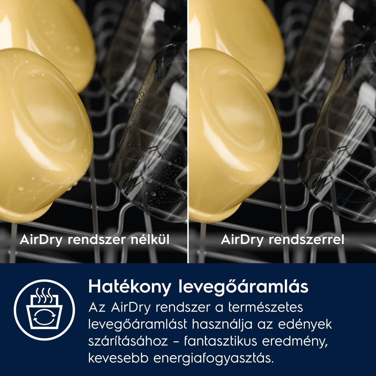 Edények mosogatógépben, balra nedves, jobbra száraz. AirDry.