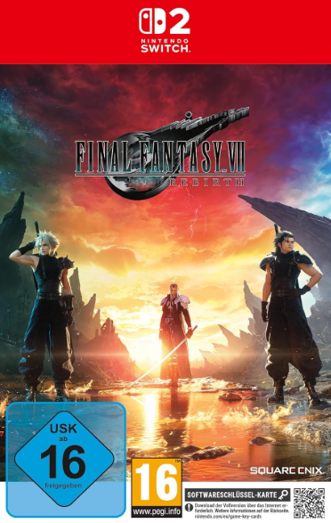Final Fantasy VII Rebirth Cover mit drei Charakteren vor dramatischer Kulisse.