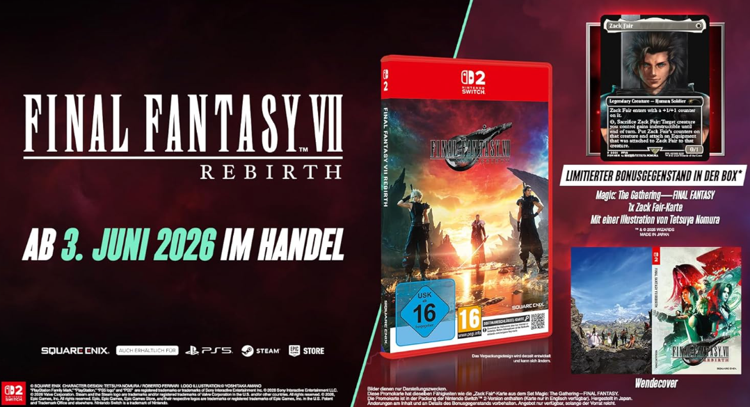 Final Fantasy VII Rebirth für Nintendo Switch mit Bonus-Inhalt: Magic: The Gathering Zack Fair Karte.