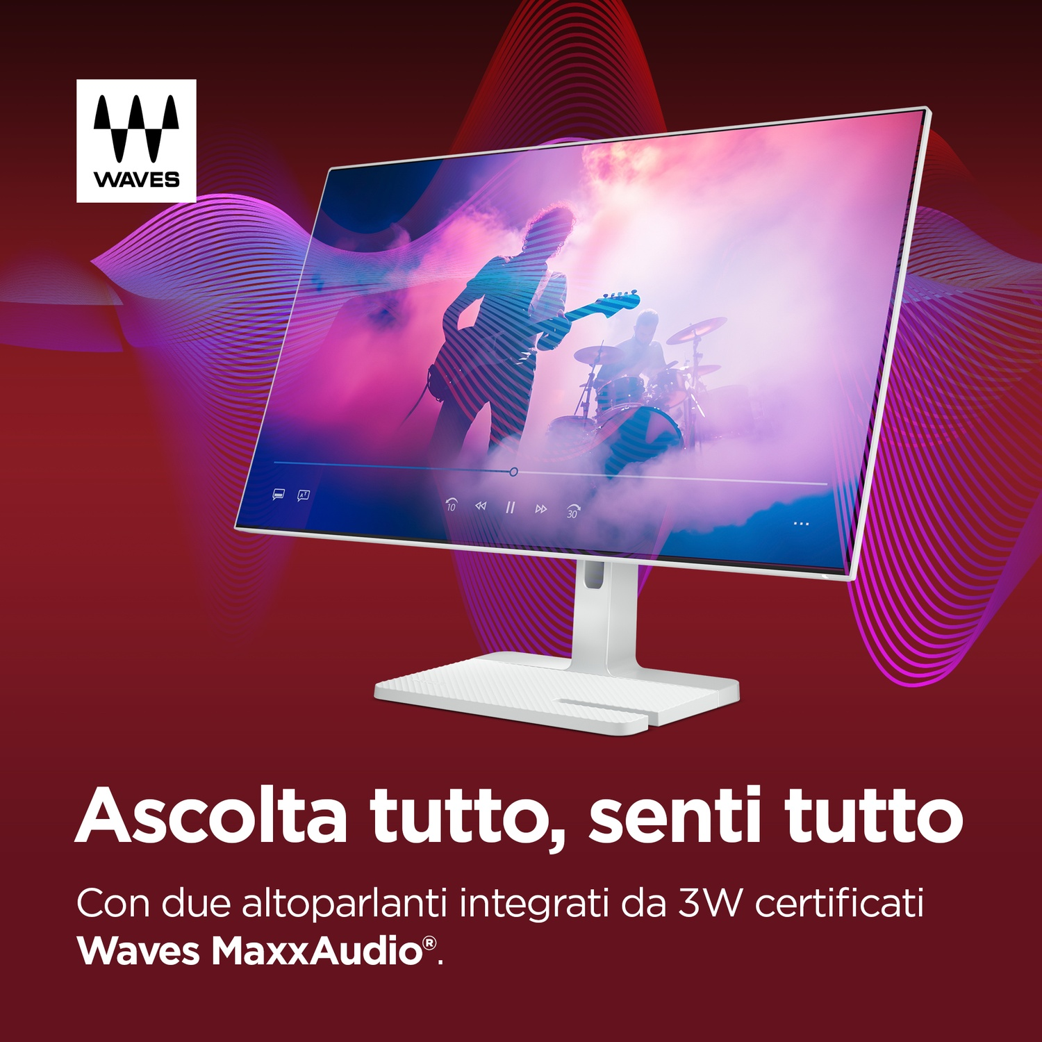 Un monitor mostra una band sul palco. Motivi ondulati sullo sfondo.