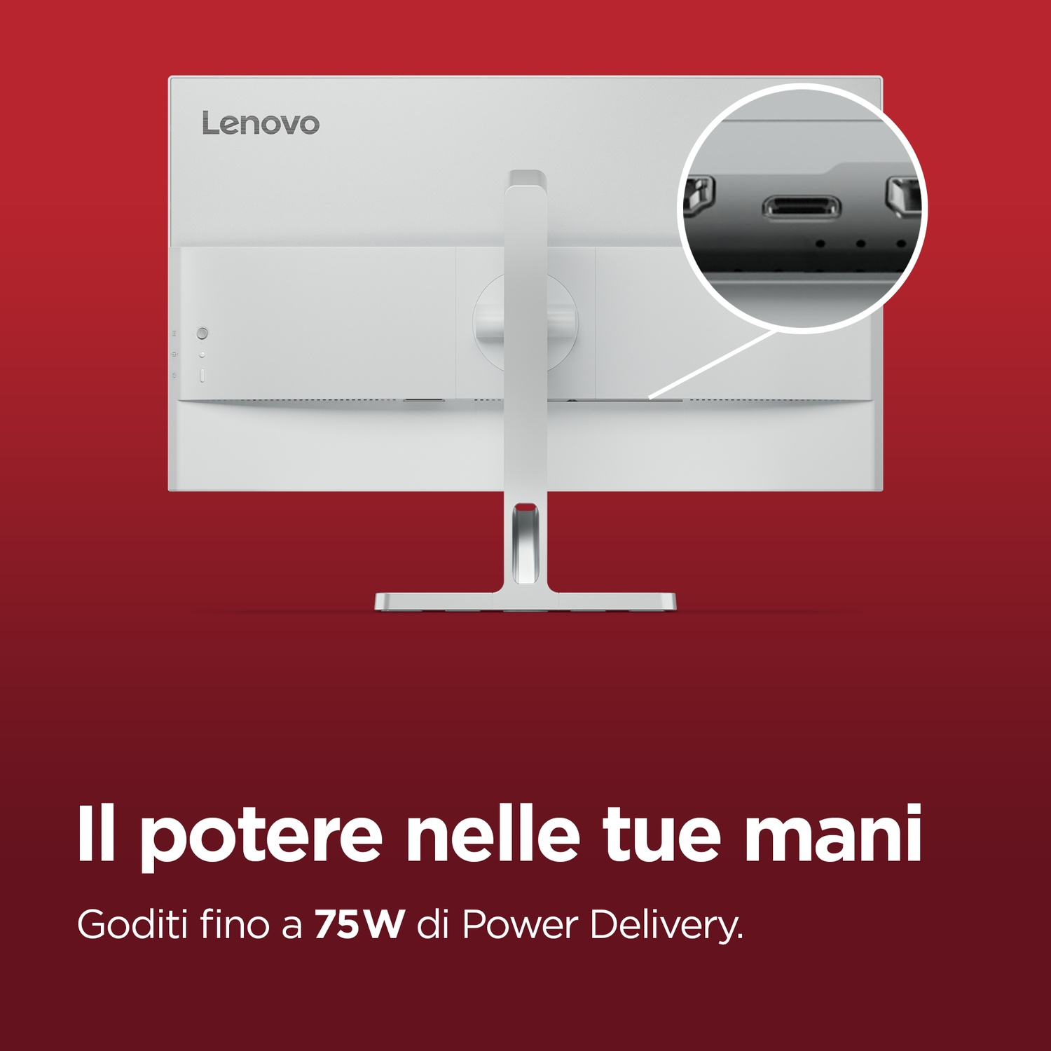 Retro di un monitor Lenovo bianco con porta USB-C e testo.