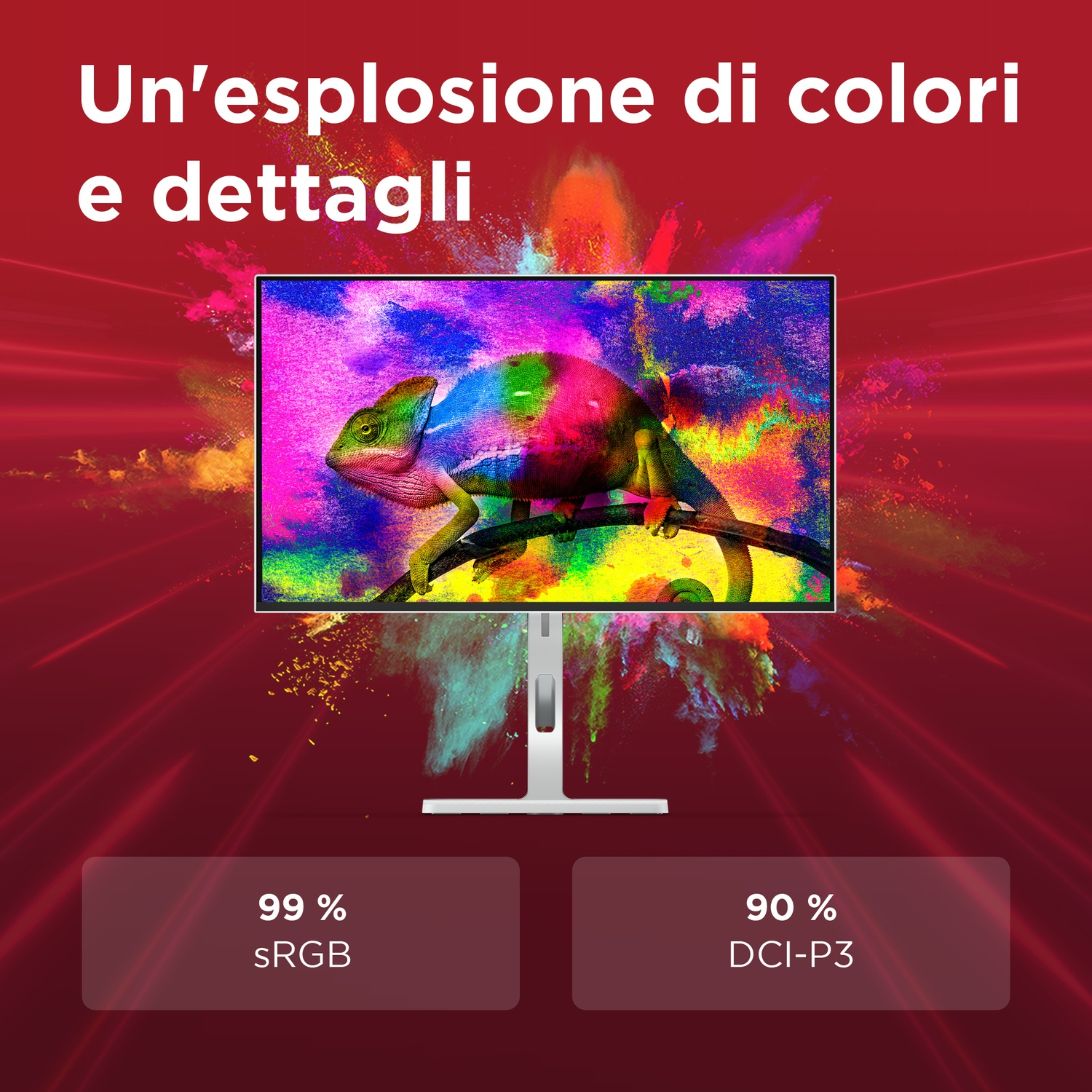 Camaleonte con esplosione di colori su monitor, 99% sRGB, 90% DCI-P3.