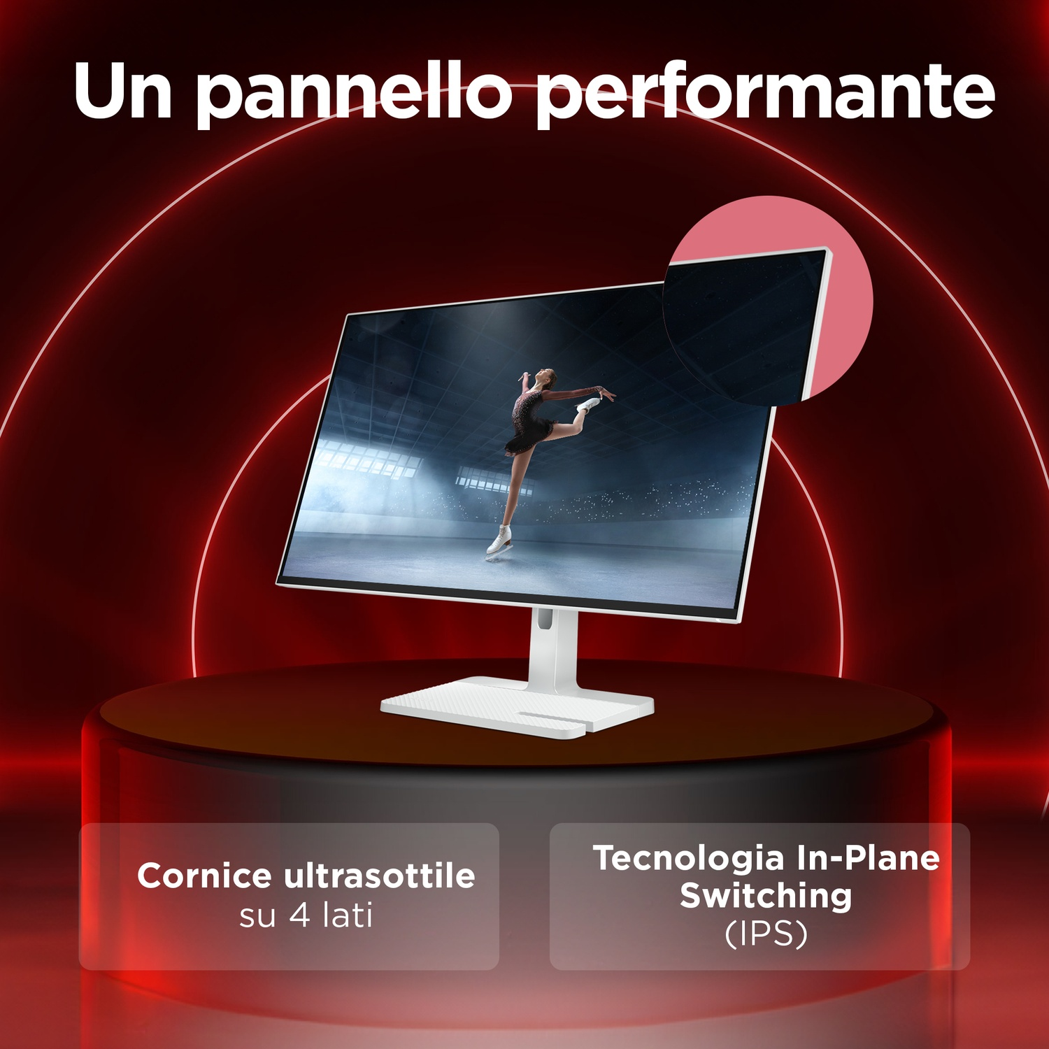 Un pannello performante con un monitor che mostra una pattinatrice artistica.