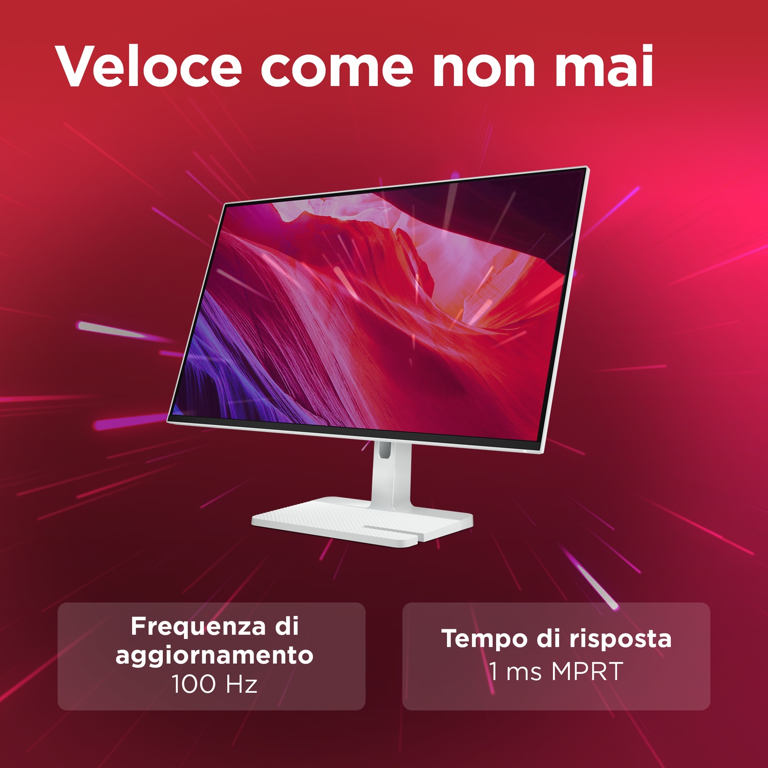 Un monitor bianco con sfondo astratto e informazioni testuali.