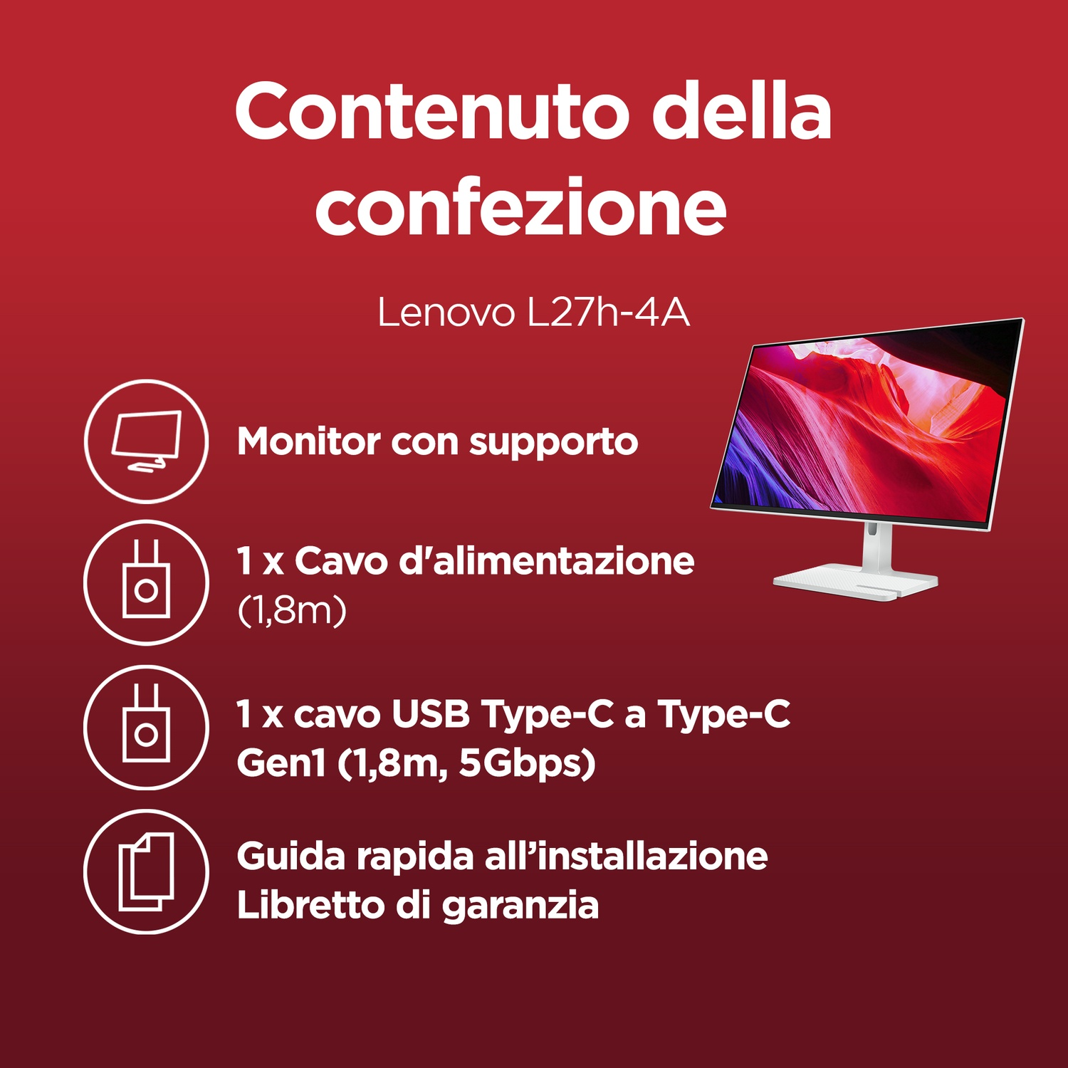 Contenuto della confezione: Monitor con supporto, cavo alimentazione, cavo USB-C, manuale.