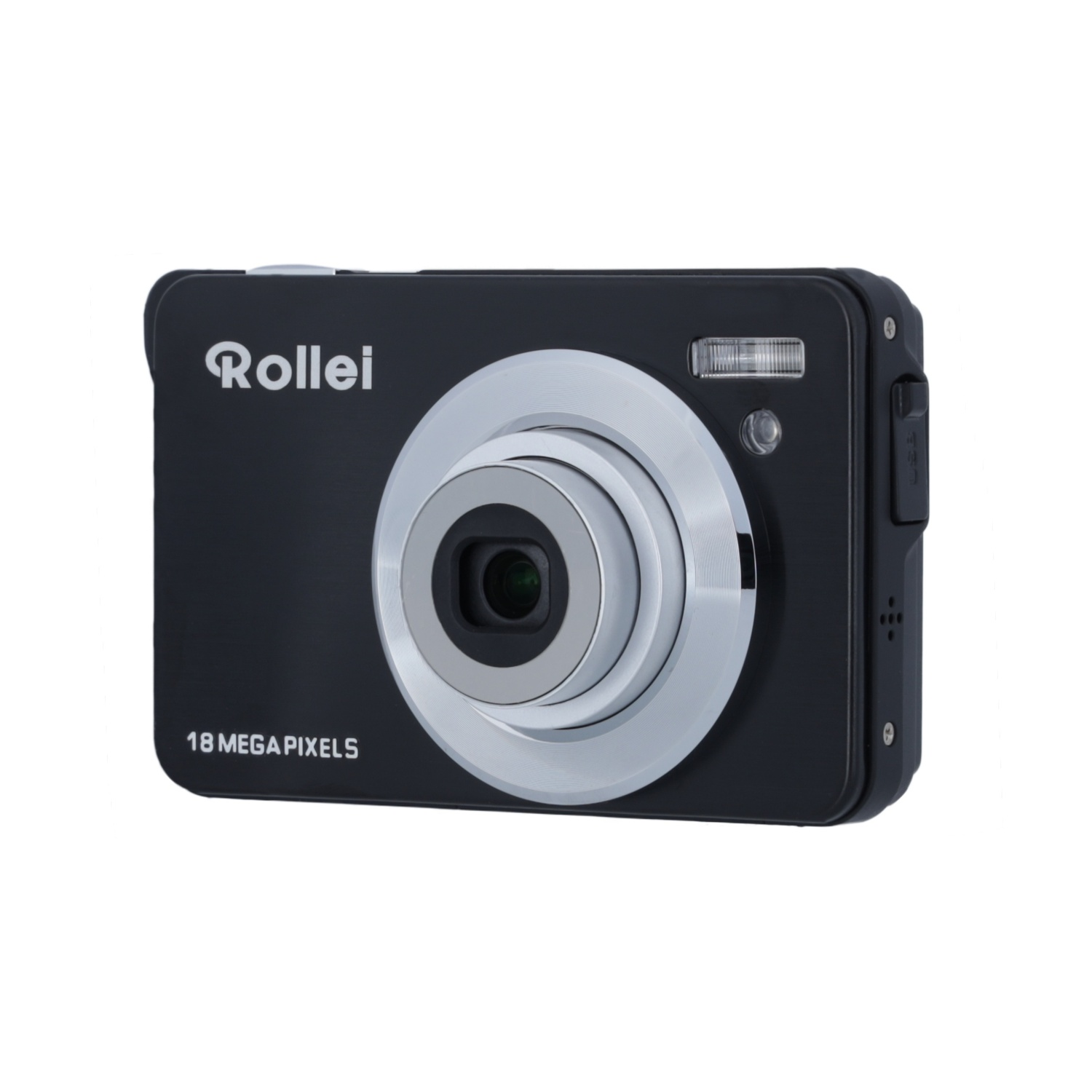 Fotocamera digitale Rollei nera con ghiera obiettivo argento e 18 megapixel.