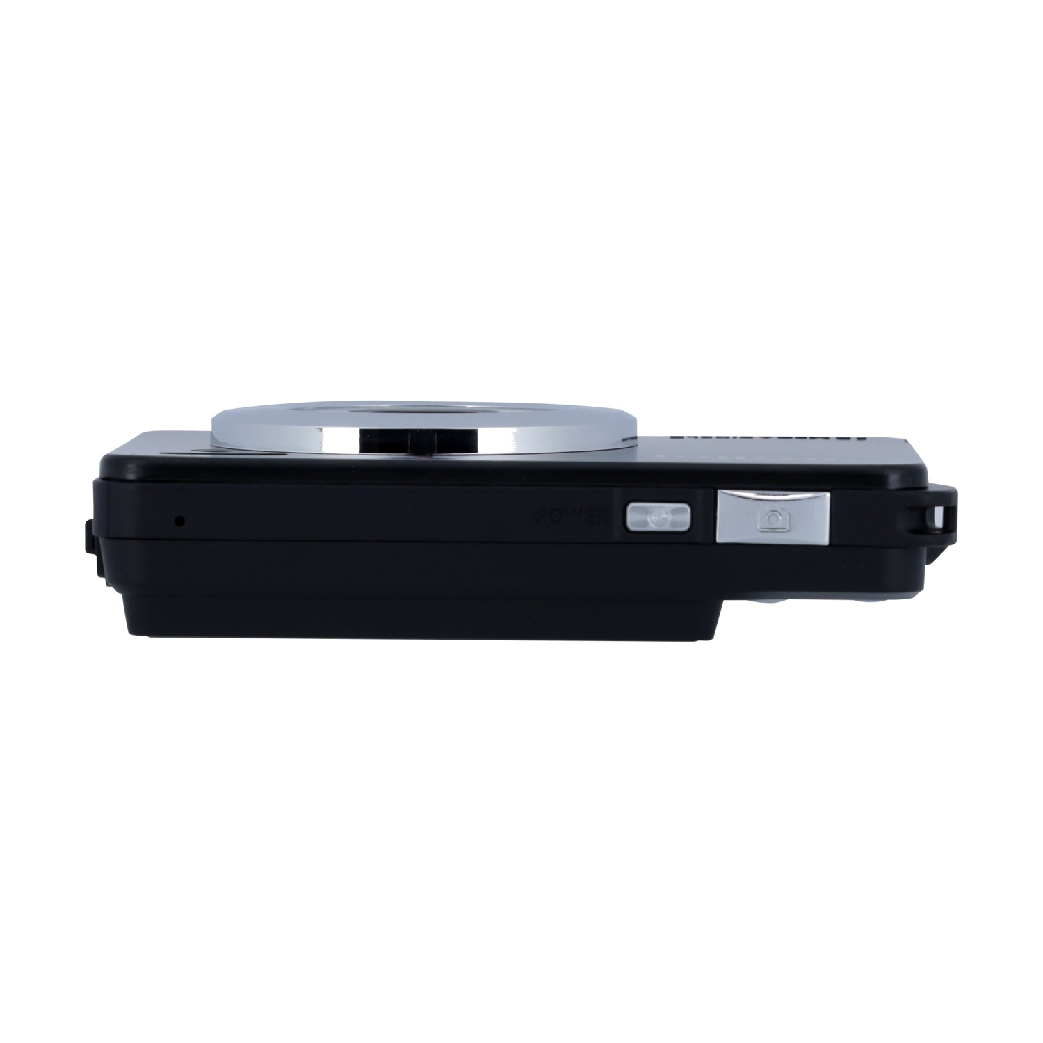 Fotocamera digitale nera di profilo, con ghiera obiettivo e pulsanti argentati.