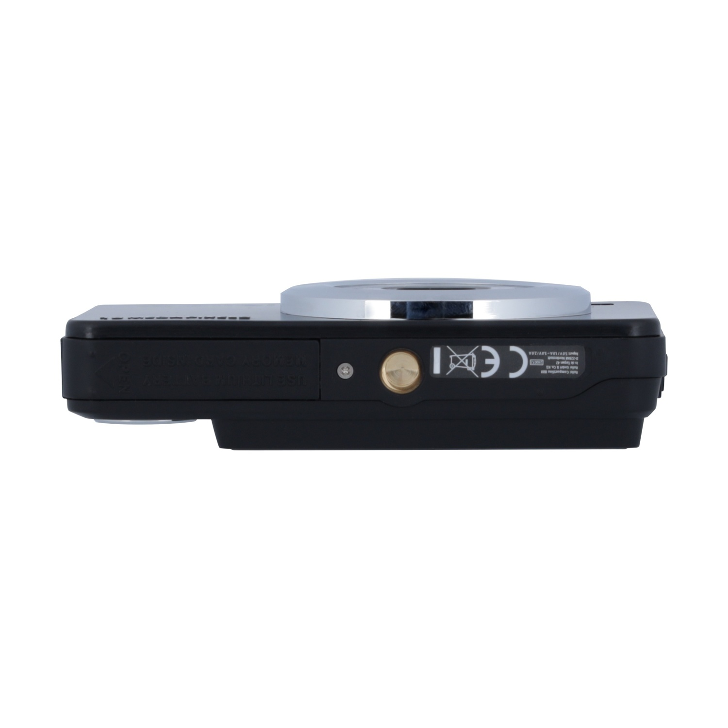 Fotocamera nera con obiettivo argentato. Marchio CE ed etichetta "Memory Card Inside".
