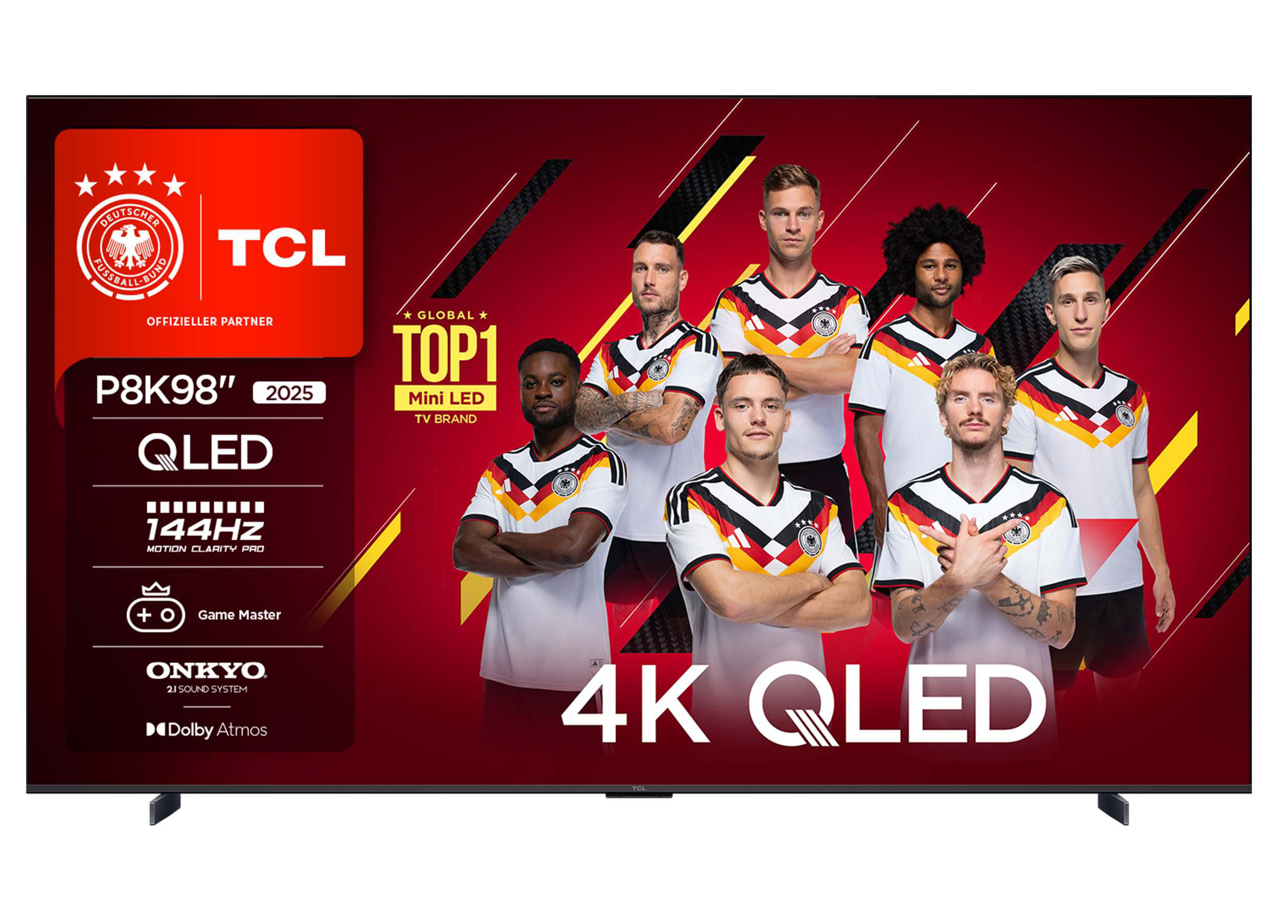 TCL 4K QLED TV mit deutscher Fußballnationalmannschaft im Design.