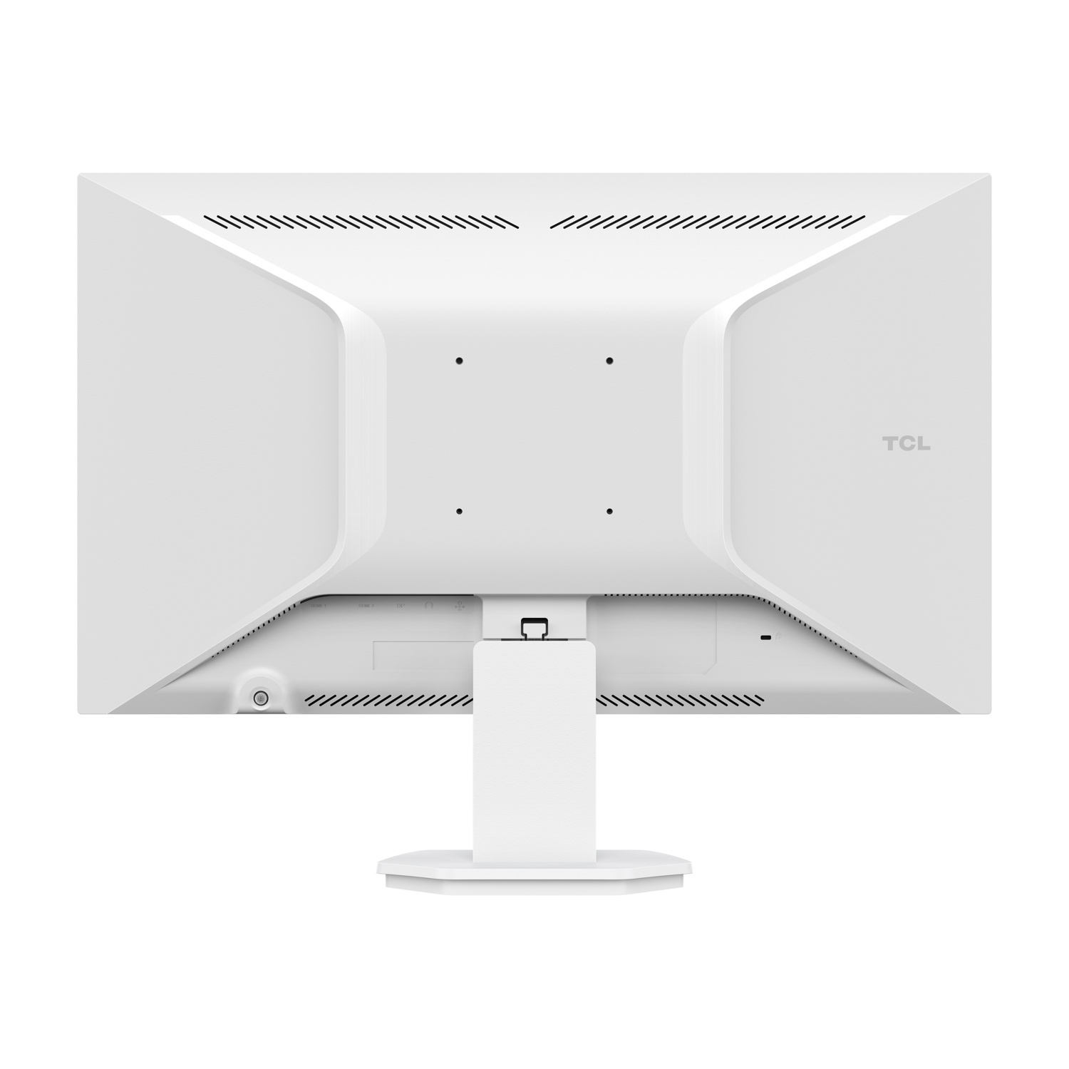 Il retro di un monitor bianco che mostra porte e logo TCL.