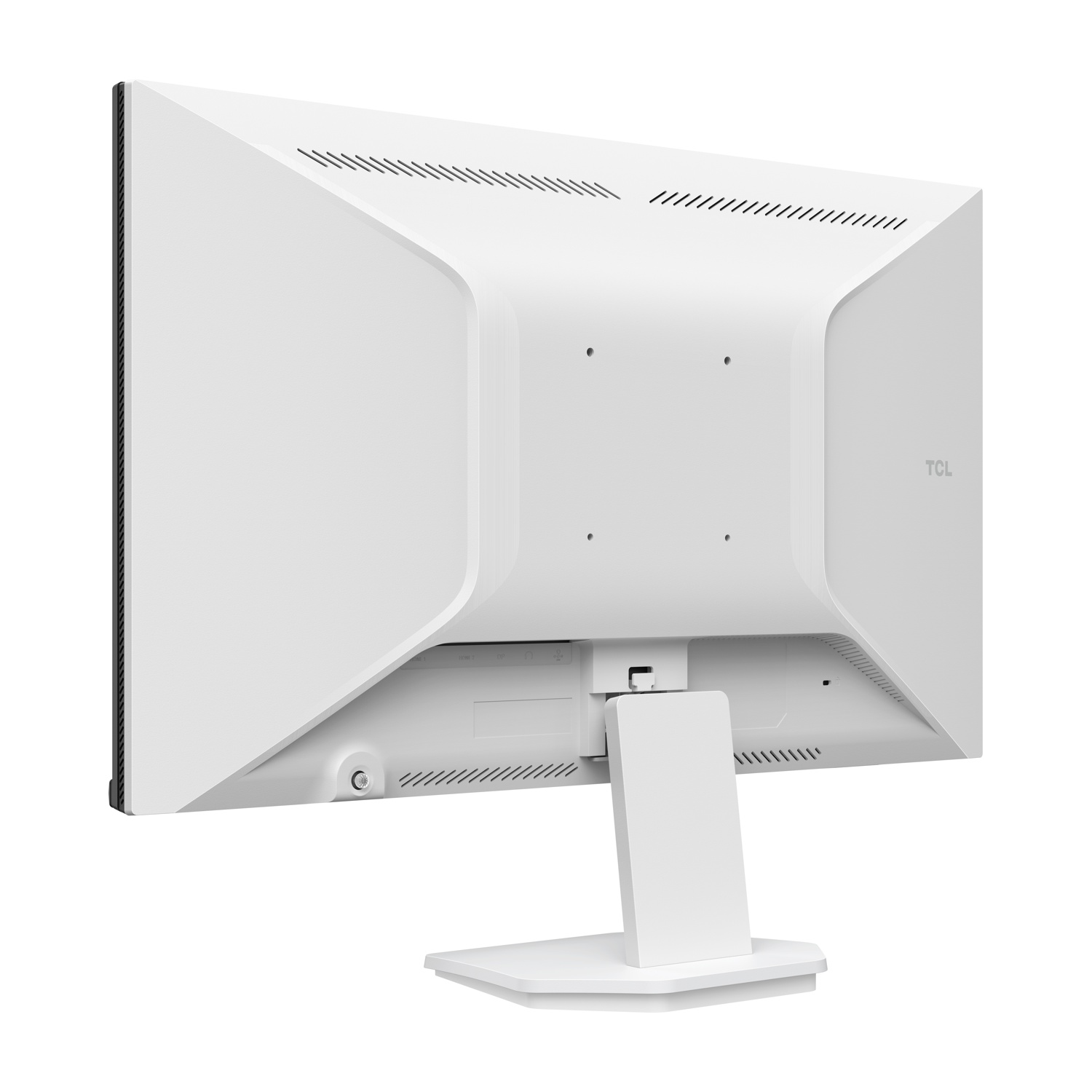 Retro di un monitor bianco con supporto girevole e fessure di ventilazione.
