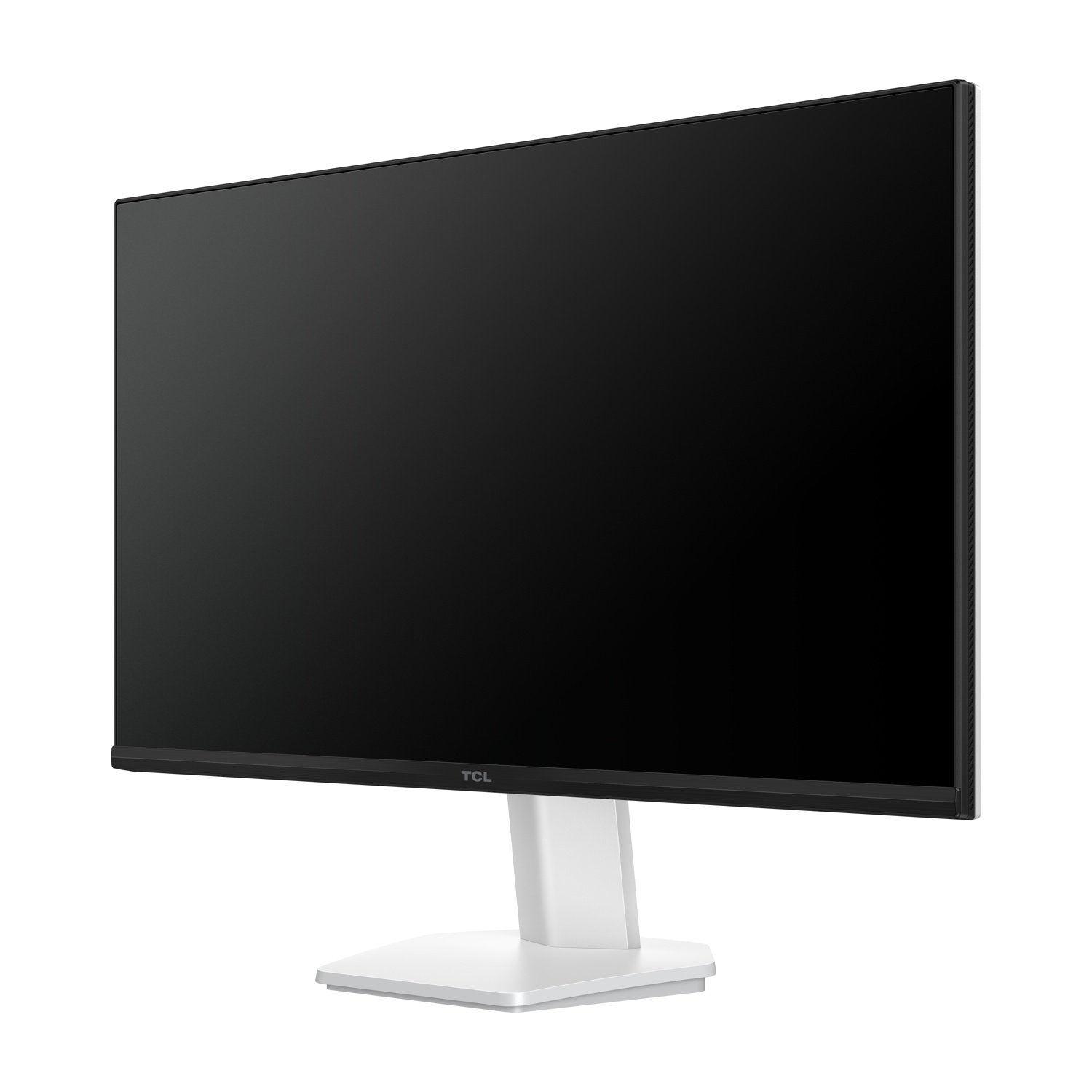 Un monitor TCL nero con supporto bianco su sfondo bianco.
