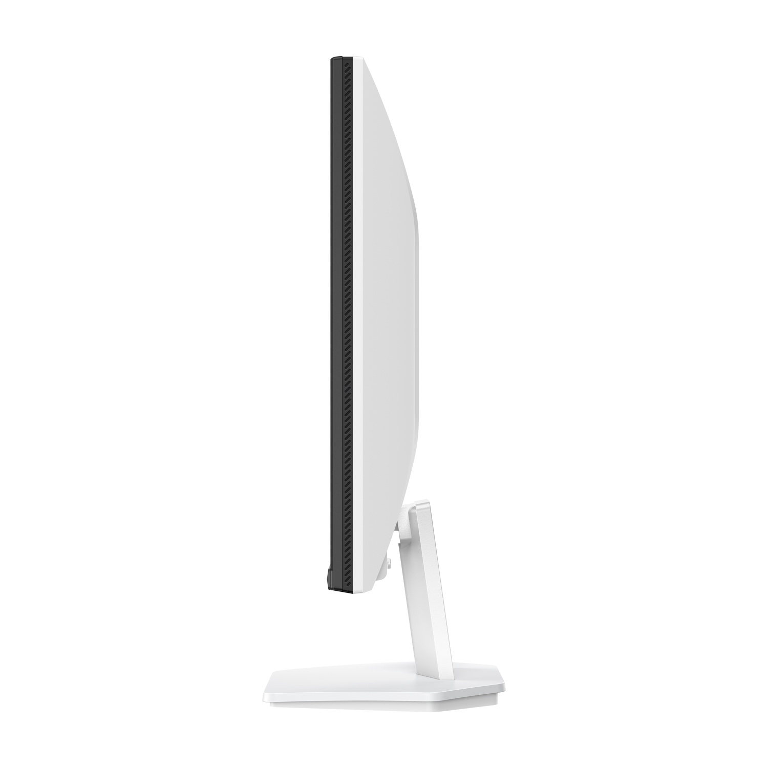 Vista laterale di un monitor bianco con cornice nera su sfondo bianco.