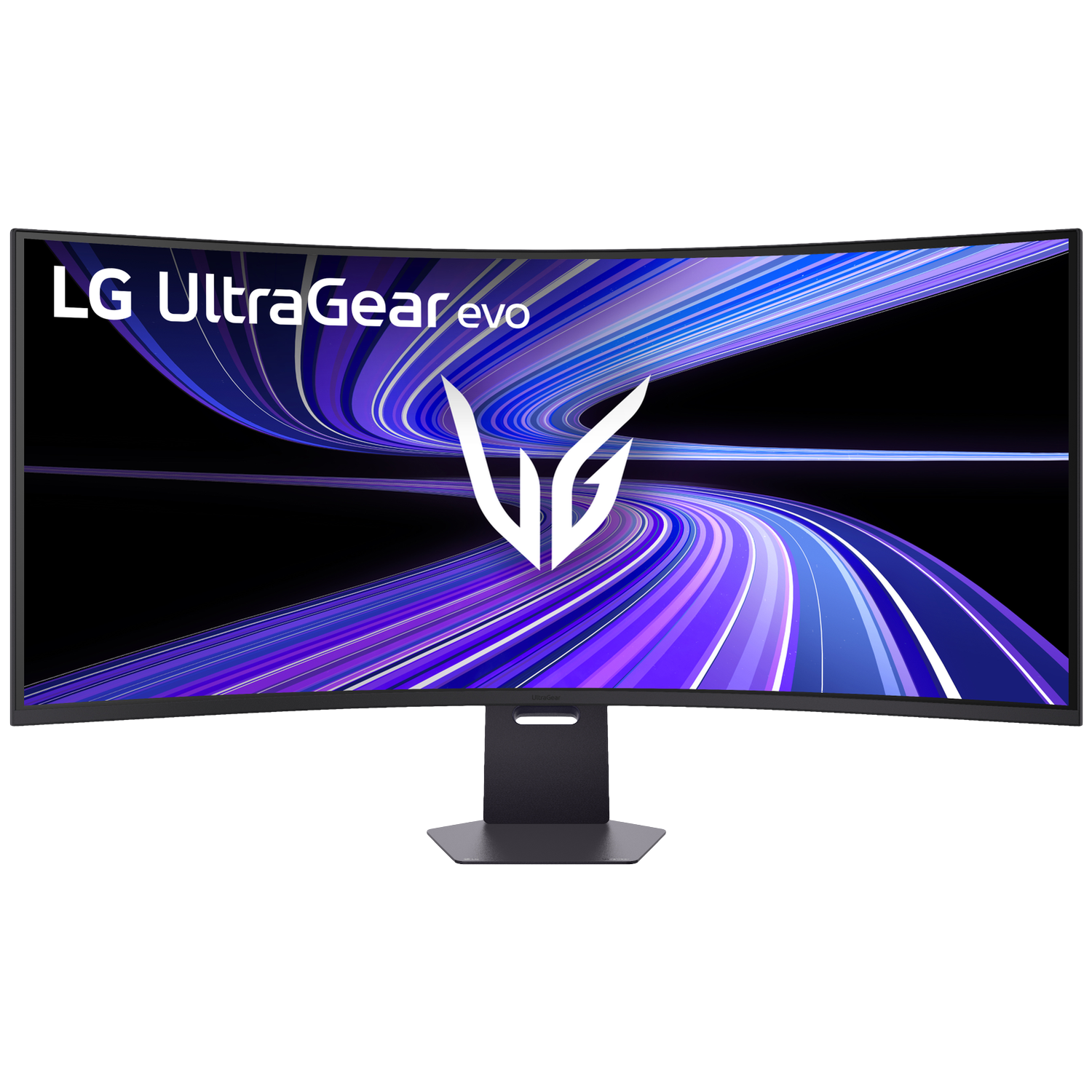 Un moniteur incurvé LG UltraGear avec un écran à motifs violets et bleus.