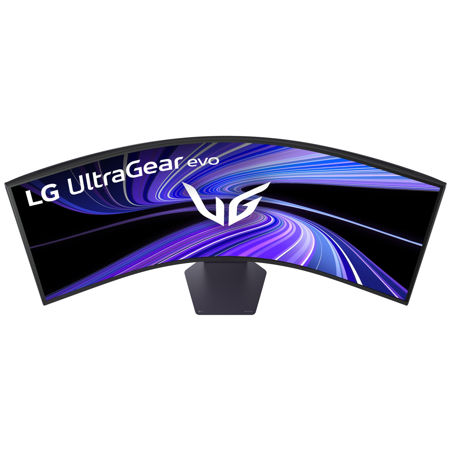 Moniteur LG UltraGear incurvé avec des traînées de lumière abstraites violettes et bleues.
