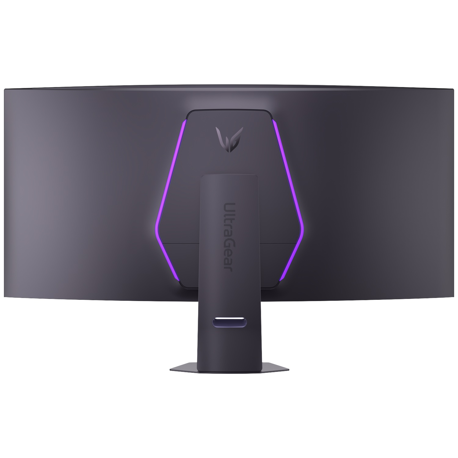 Arrière d'un moniteur incurvé avec éclairage violet et logo LG UltraGear.